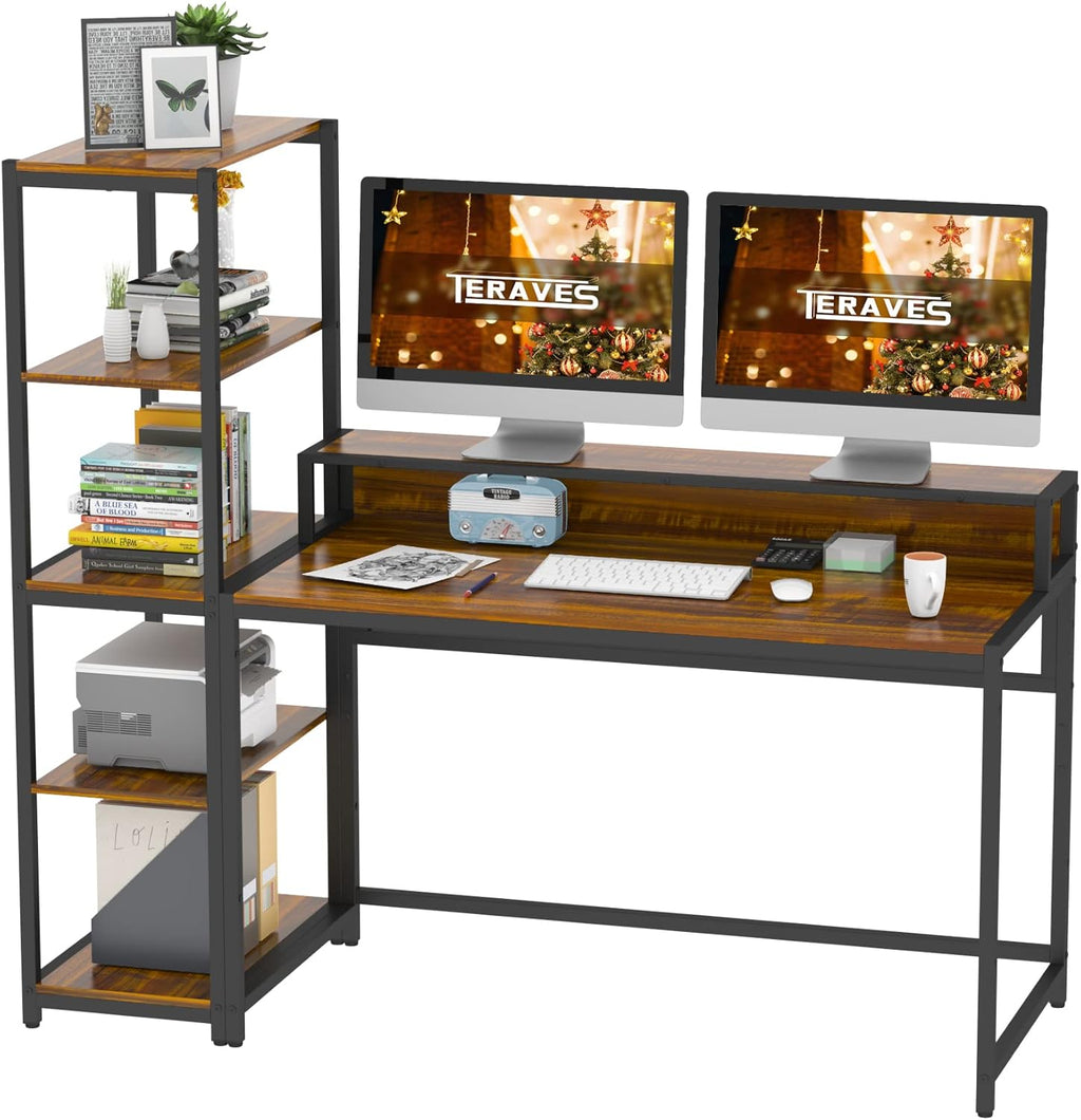47 Inch Reversible Computer Desk with 5 Tier Shelves and Storage U52948