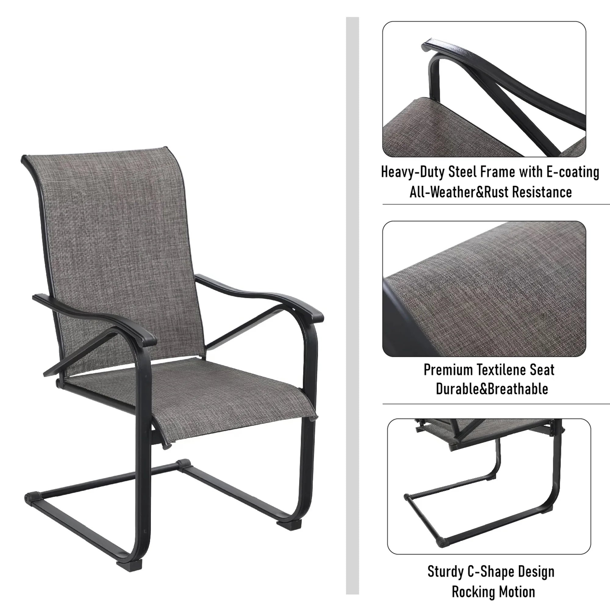 7-Piece Outdoor Patio Dining Set with 6 Rocking Chairs & 1 Metal Frame Dining Table, Black & Gray O138