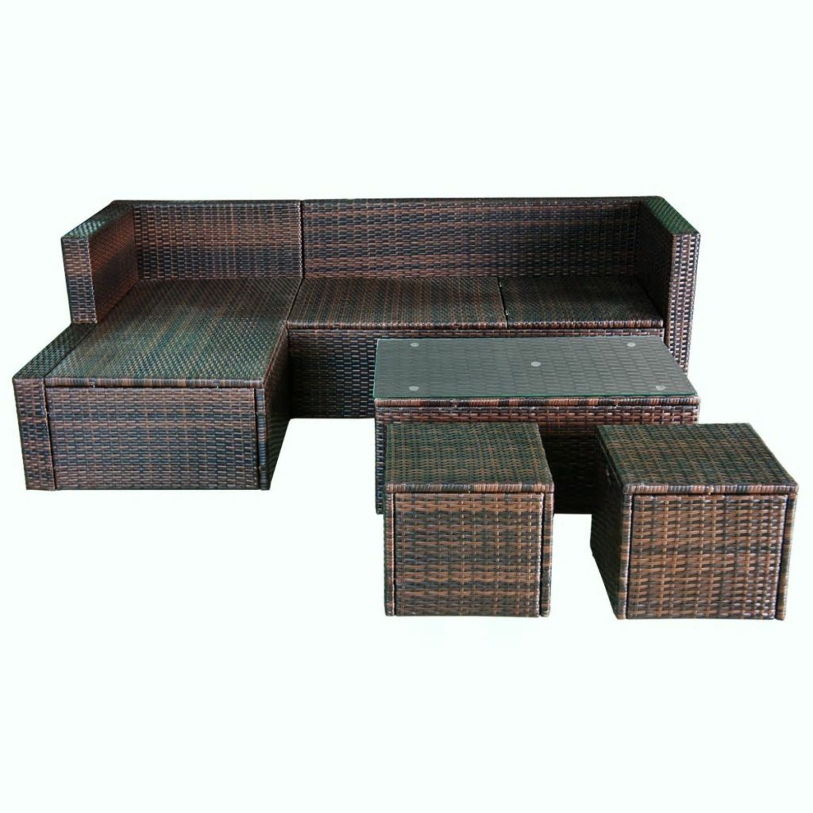 4 Piece Outdoor Conversation Set Cushioned Corner Sofa with Coffee Table and 2 Ottomans Brown Poly Rattan C72122