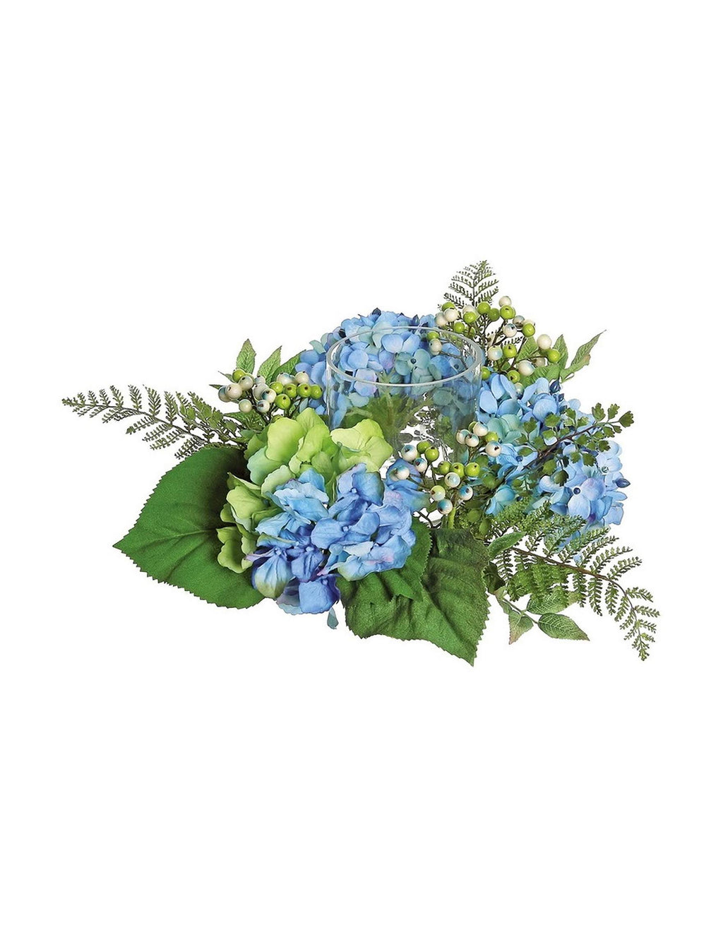 16x22 Decorative Artificial Blue and Green Hydrangea and Berry Hurricane Glass Candle Holder A104387