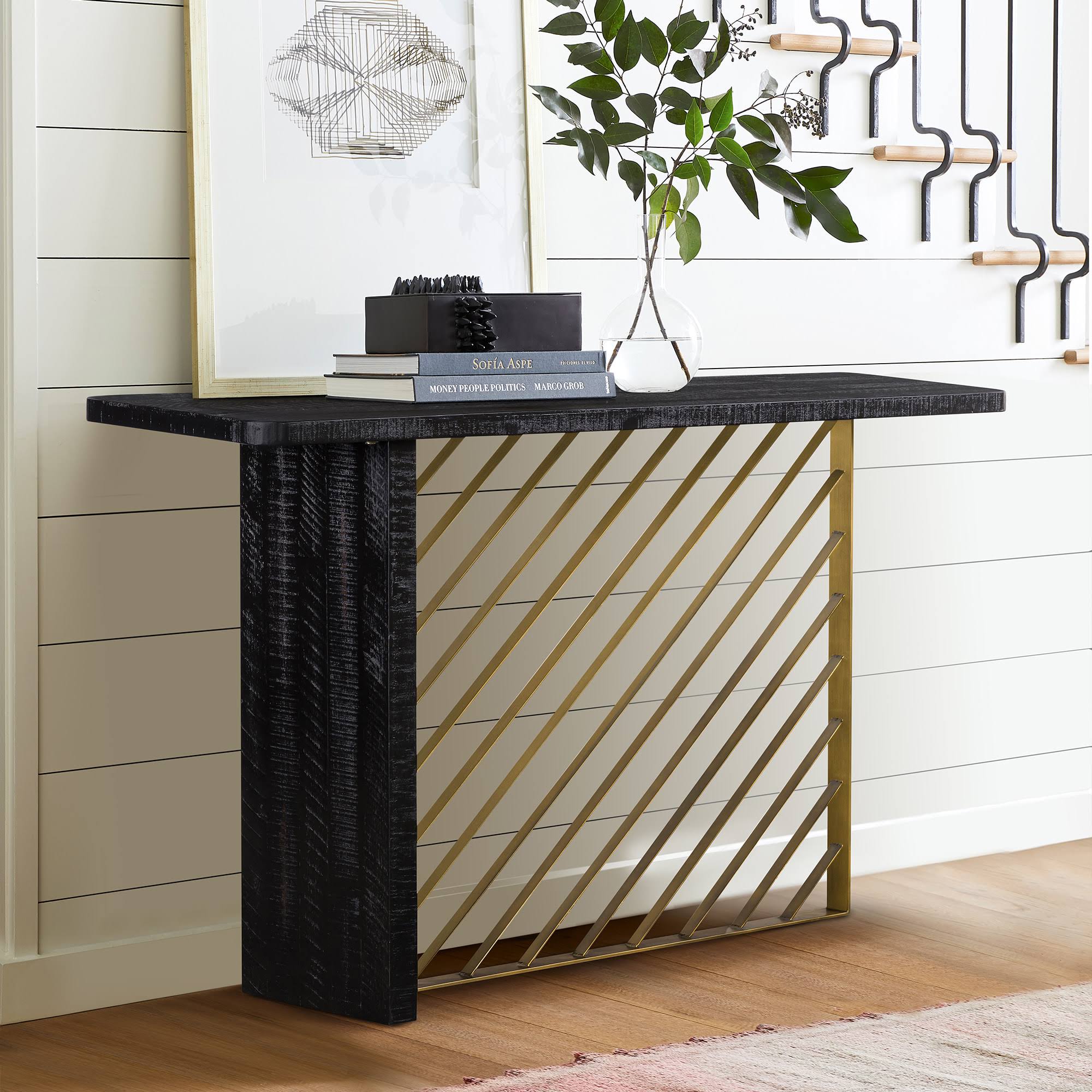 Black Wood Console Table with Antique Brass Accent A439730