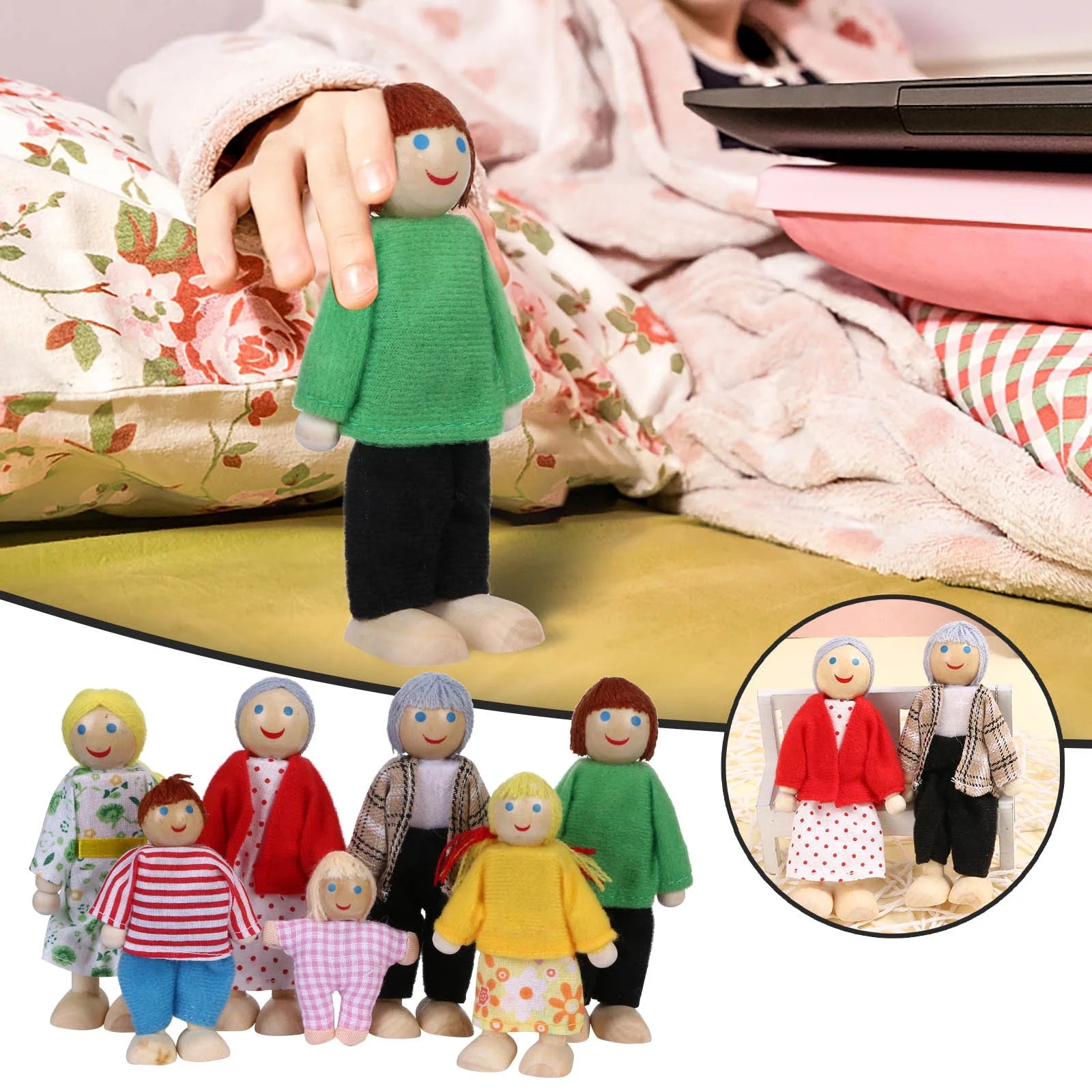 Wooden Dolls Family Playset Set of 7 E4348