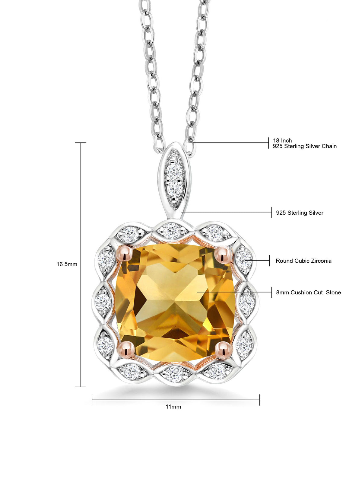 925 Sterling Silver Citrine Pendant Necklace with 18 inch Silver Chain G560