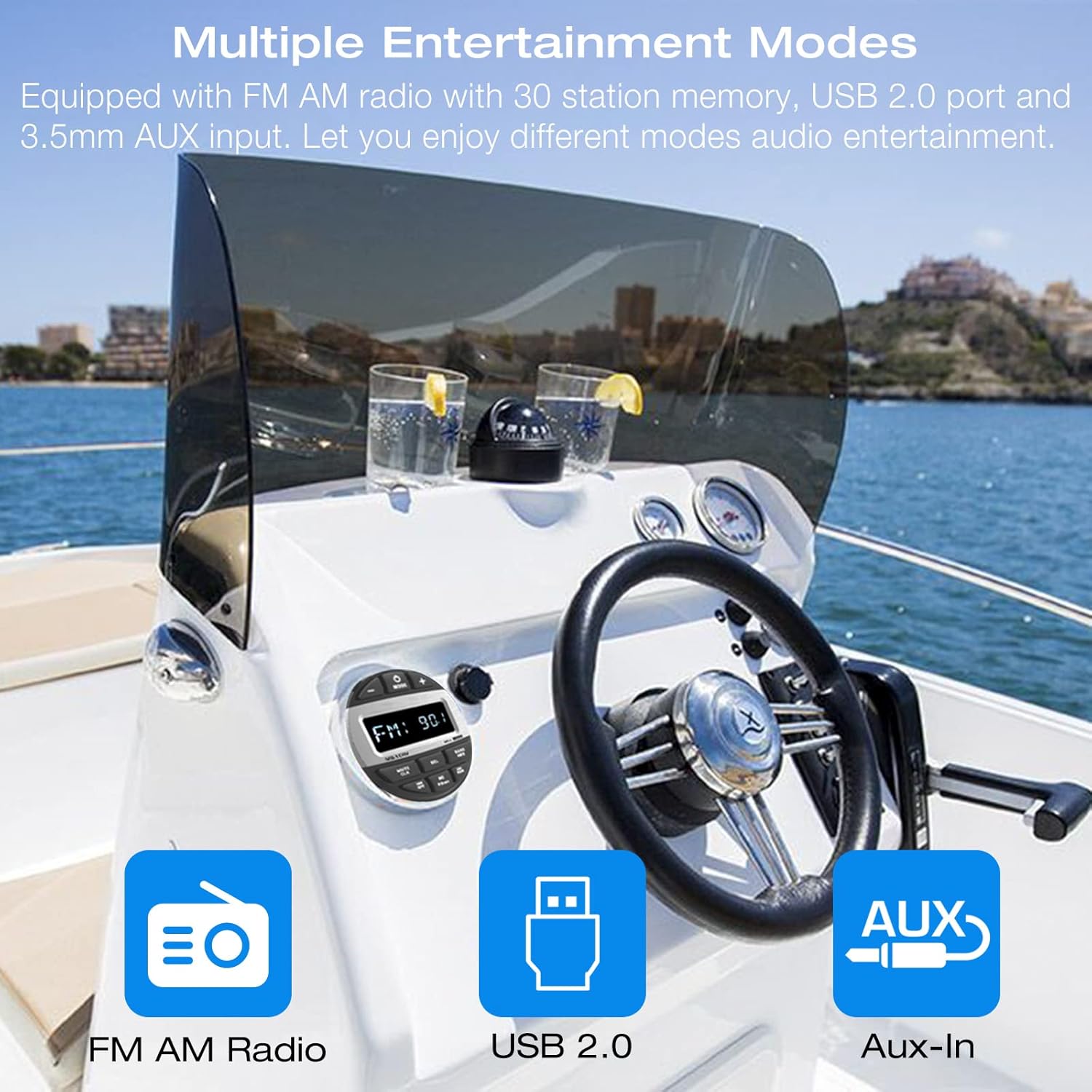 Waterproof Marine Grade Bluetooth Boat Stereo Receiver with FM AM Radio, USB, AUX-in, MP3, Subwoofer, Pre-Amp & EQ P274