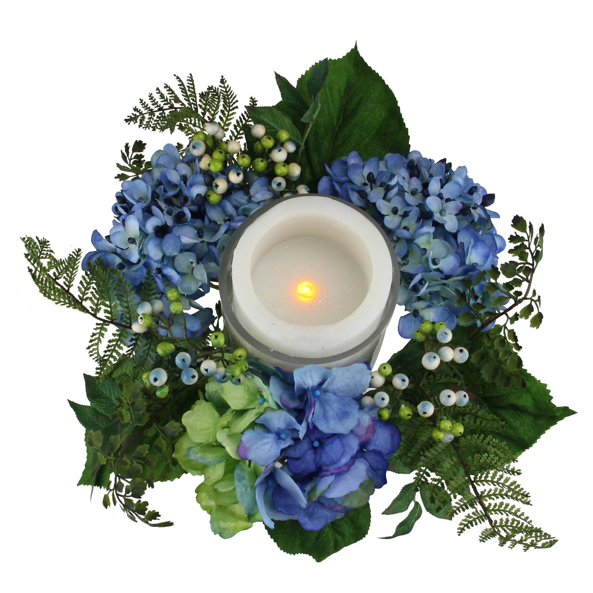 16x22 Decorative Artificial Blue and Green Hydrangea and Berry Hurricane Glass Candle Holder A104387