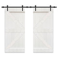White Stained Solid Knotty Pine Wood Double Interior Sliding Barn Doors with Hardware Kit C42502