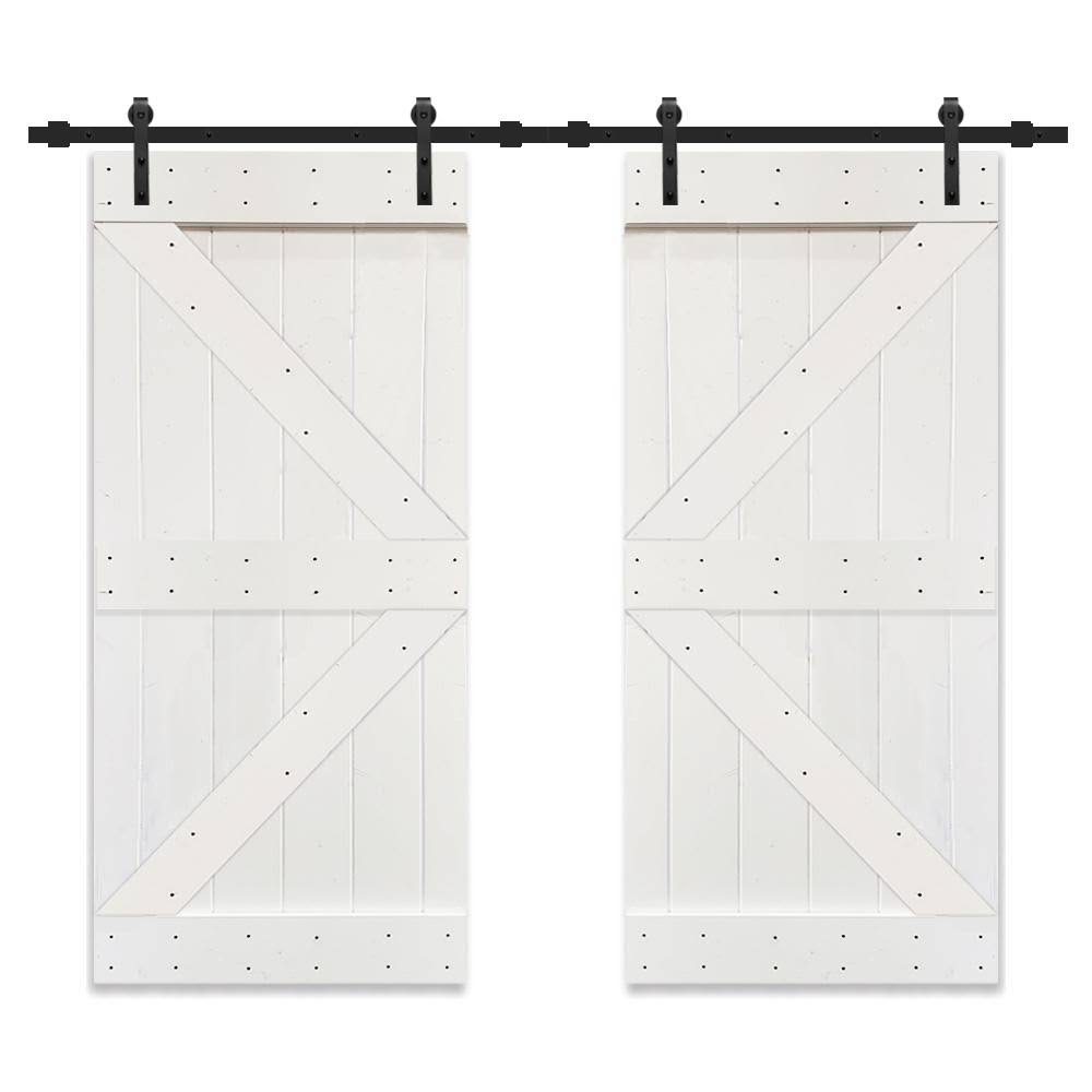 White Stained Solid Knotty Pine Wood Double Interior Sliding Barn Doors with Hardware Kit C42502