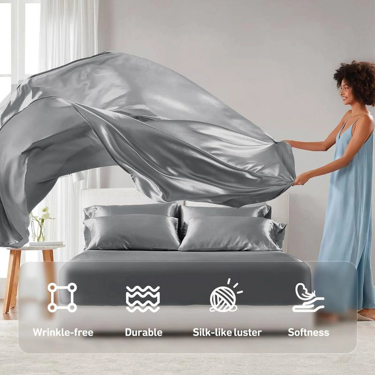 6 Piece Satin Sheet Set with Flat Sheet, Fitted Sheet, 4 Pillowcases T373