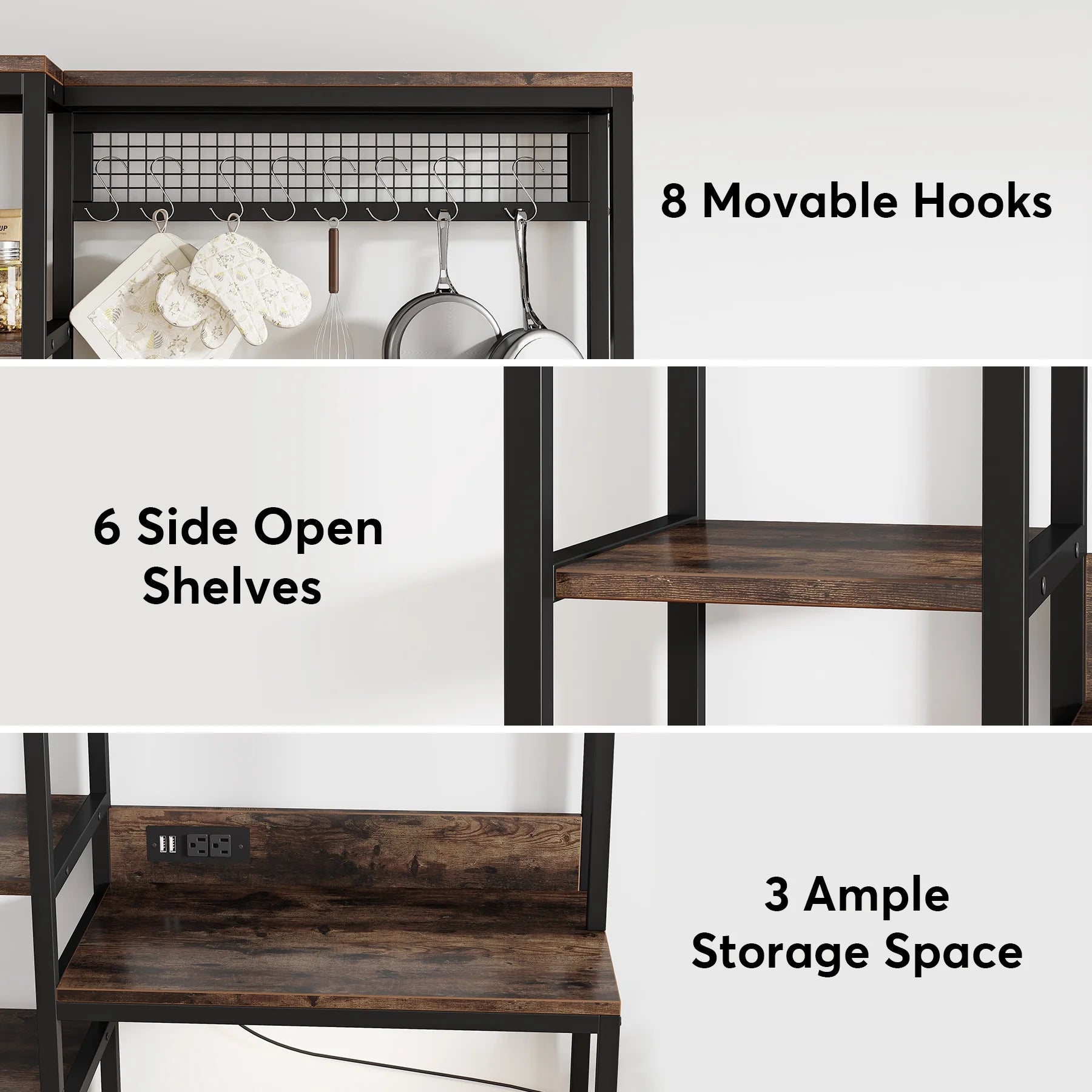 8-Tier Kitchen Baker's Rack with Power Outlets, Microwave Oven Stand with 8 S-Shaped Hooks L2645