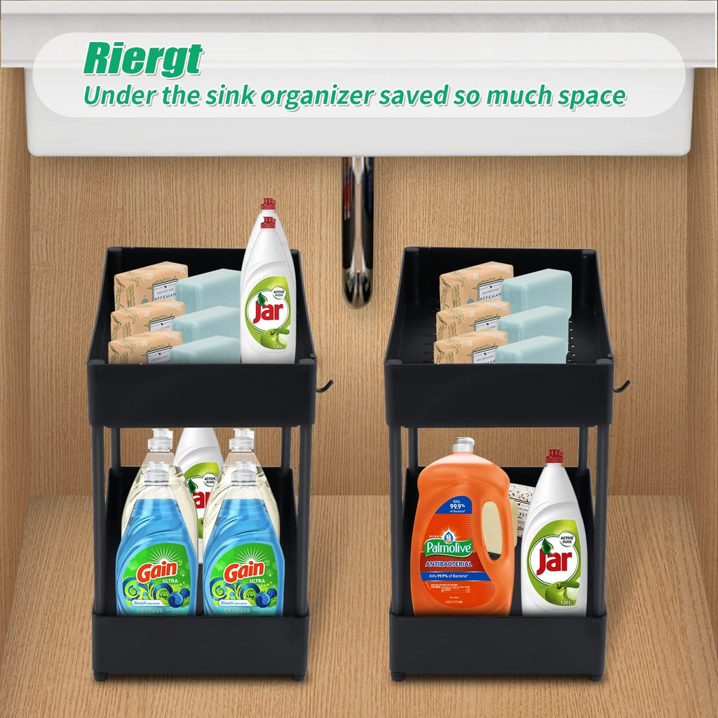 2 Tier Black Under Sink Storage Rack with 6 Hooks D713