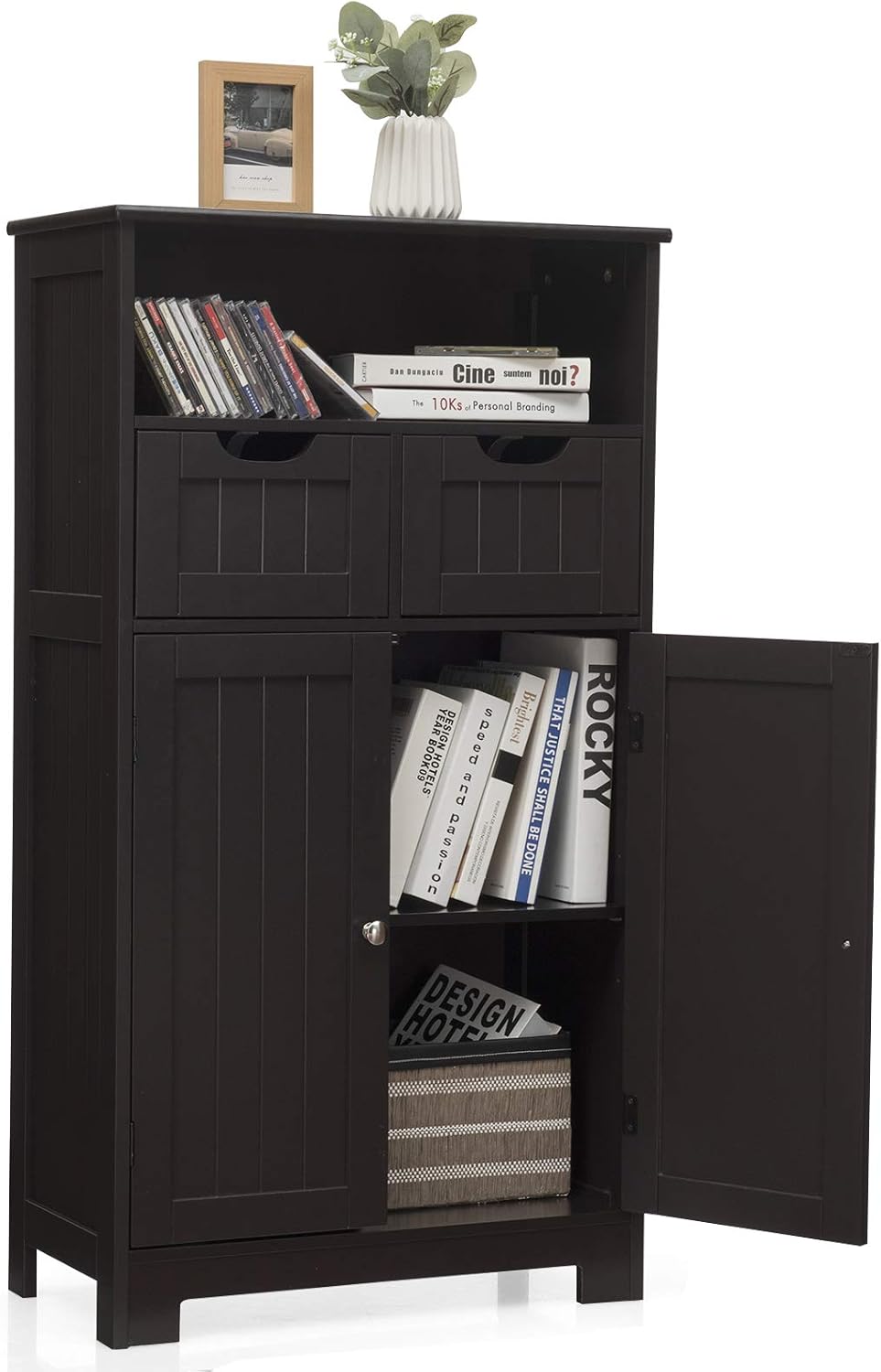Espresso Bathroom Floor Cabinet with Two Doors and Two Adjustable Drawers R4376