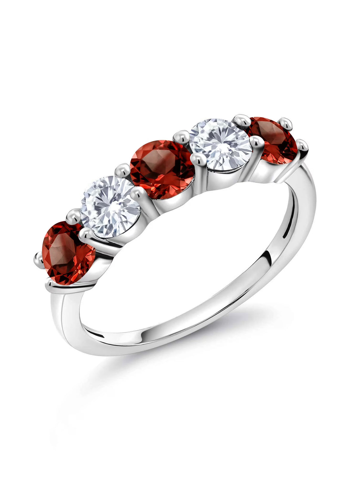 925 Sterling Silver Red Garnet and White Moissanite Wedding Band Ring G50199
