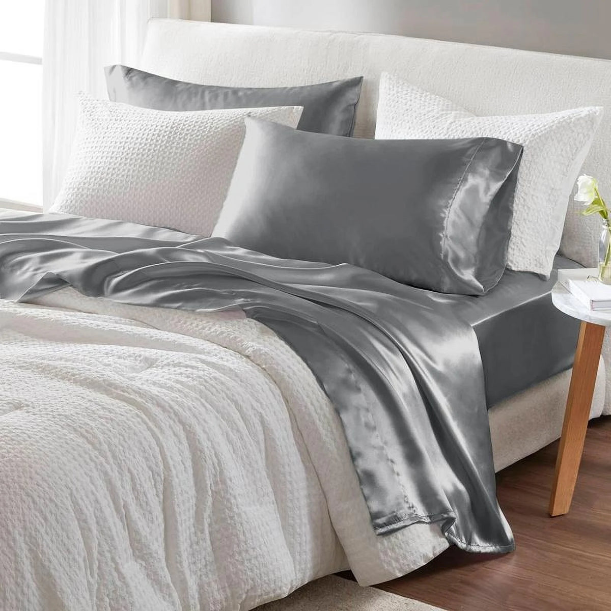 6 Piece Satin Sheet Set with Flat Sheet, Fitted Sheet, 4 Pillowcases T373