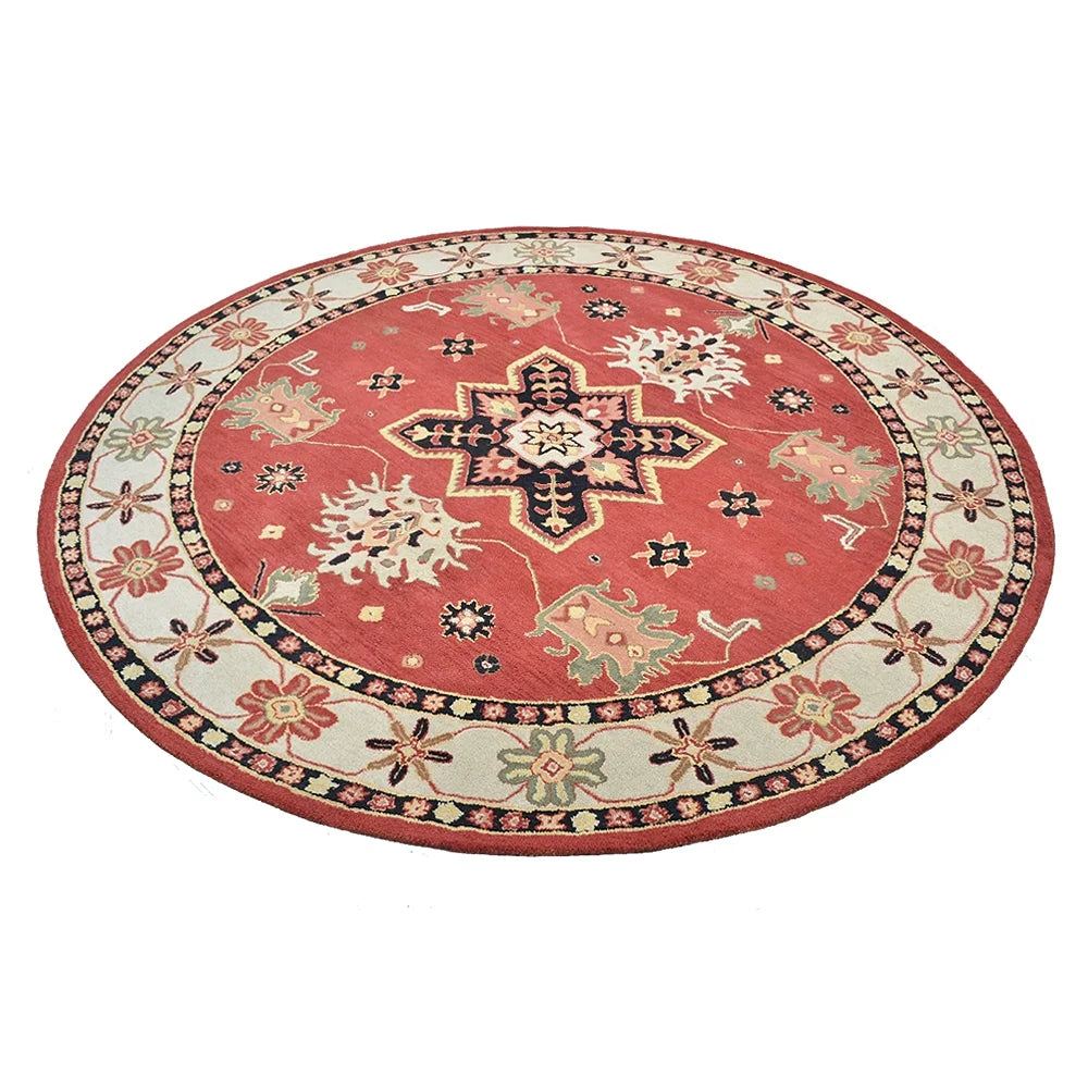 10'x10' Round Red Cream Hand Tufted Wool Area Rug X462801