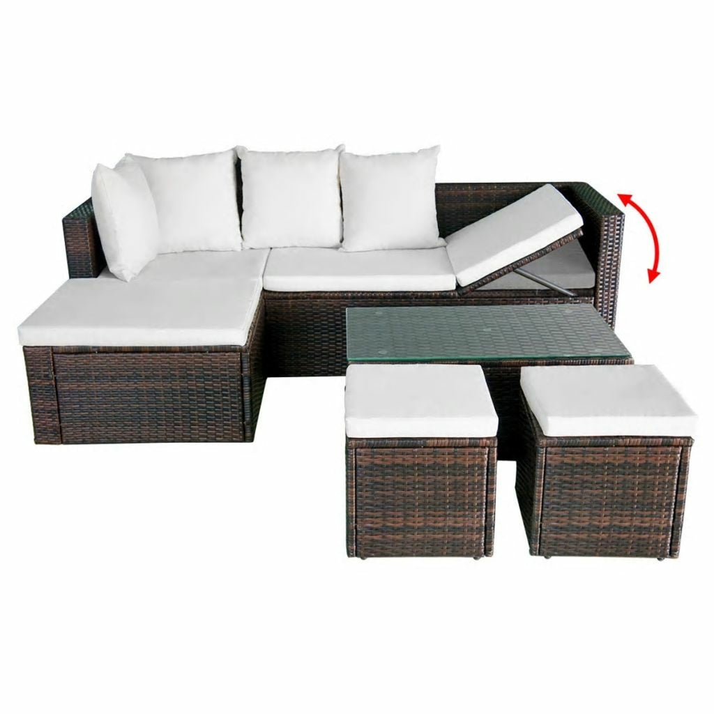 4 Piece Outdoor Conversation Set Cushioned Corner Sofa with Coffee Table and 2 Ottomans Brown Poly Rattan C72122