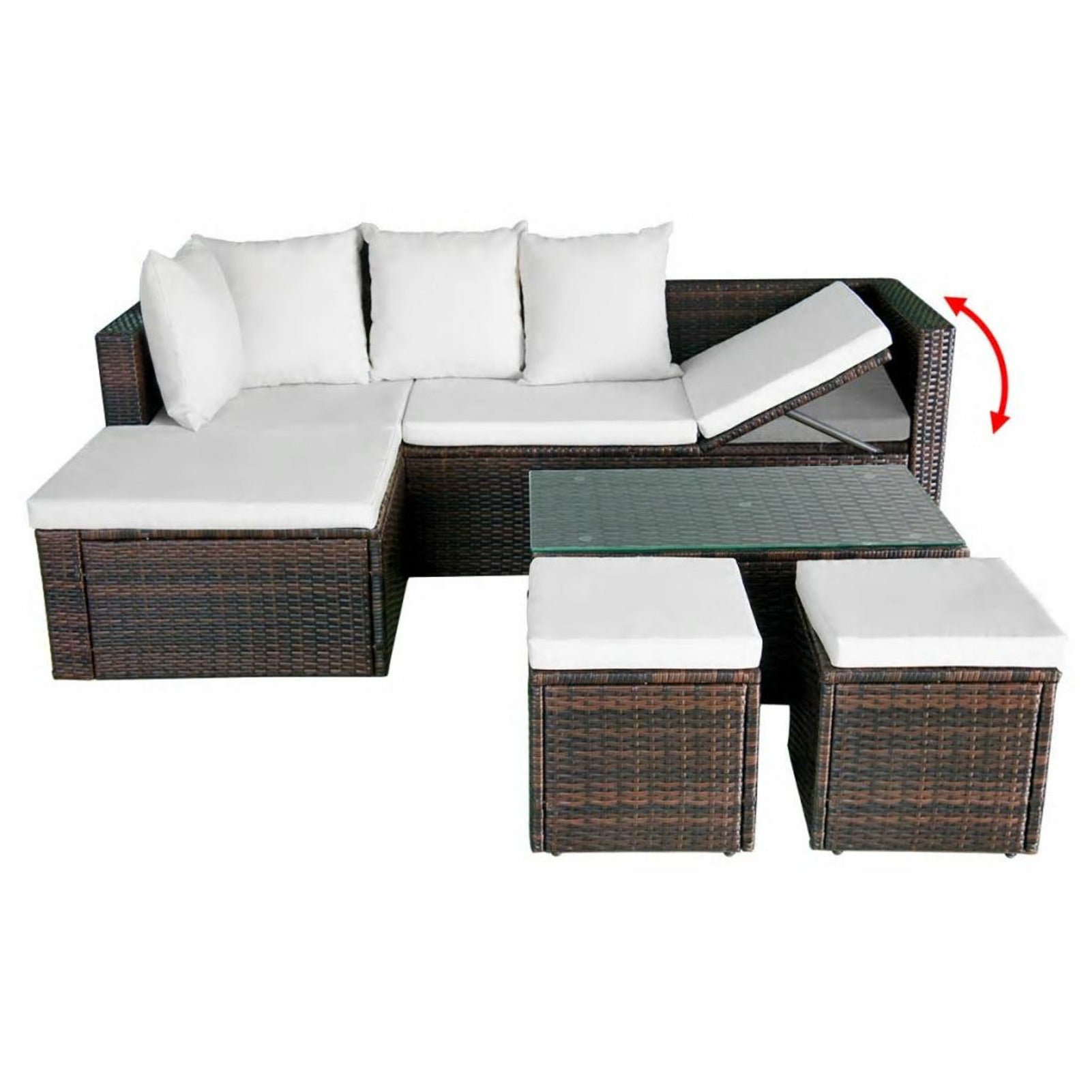 4 Piece Outdoor Conversation Set Cushioned Corner Sofa with Coffee Table and 2 Ottomans Brown Poly Rattan C72122