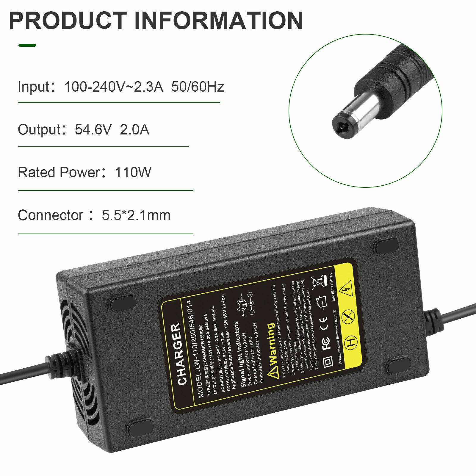 54.6V 2A Charger Adapter For 48V Li-ion Battery Ebike Electric Bike Scooter R55866