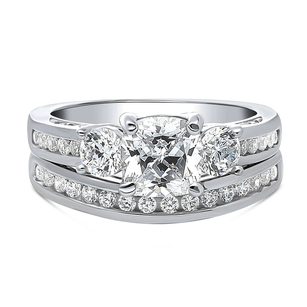 Sterling Silver Cushion Cut Cubic Zirconia Ring Set, Rhodium Plated Size 8.5 R7633
