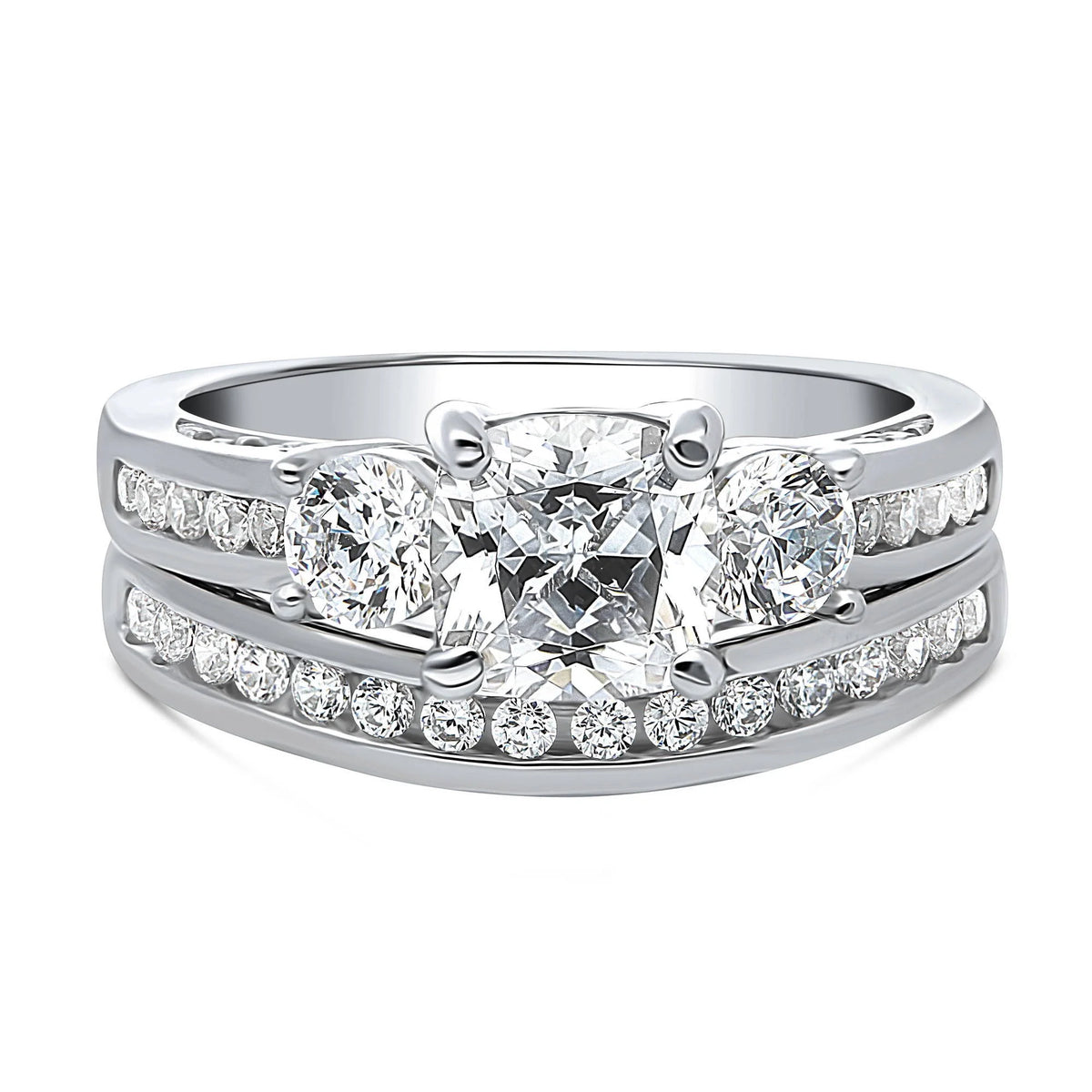Sterling Silver Cushion Cut Cubic Zirconia Ring Set, Rhodium Plated Size 8.5 R7633