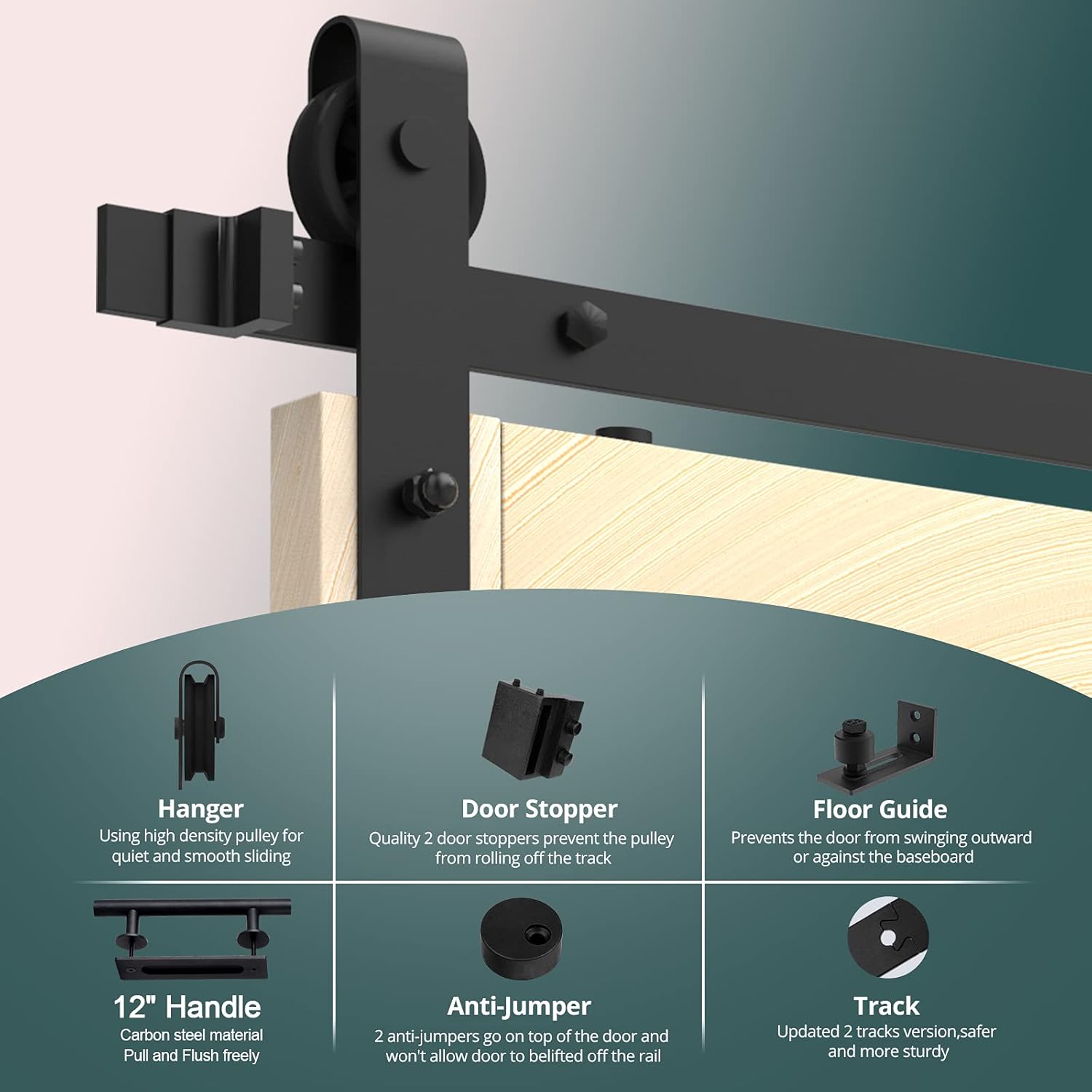 6.6FT Heavy Duty Sliding Door Hardware Kit with 12 Handle & Floor Guide E826561