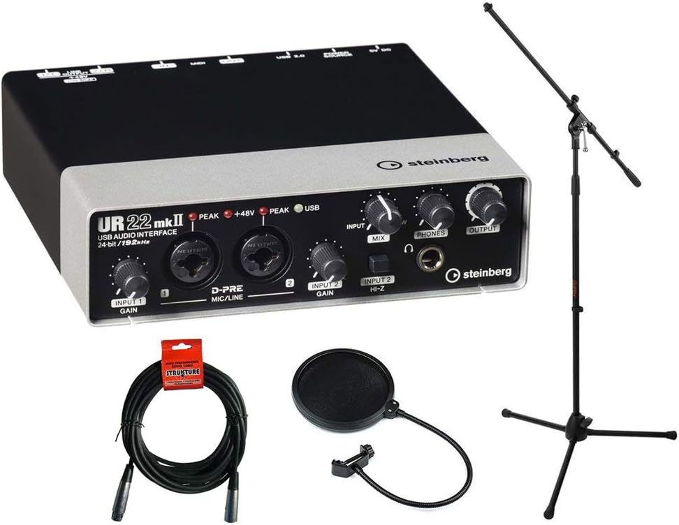 USB 2.0 Audio Interface with Dual Microphone Preamps, Tripod Microphone Stand, XLR-XLR Cable & Pop Filter Kit E937