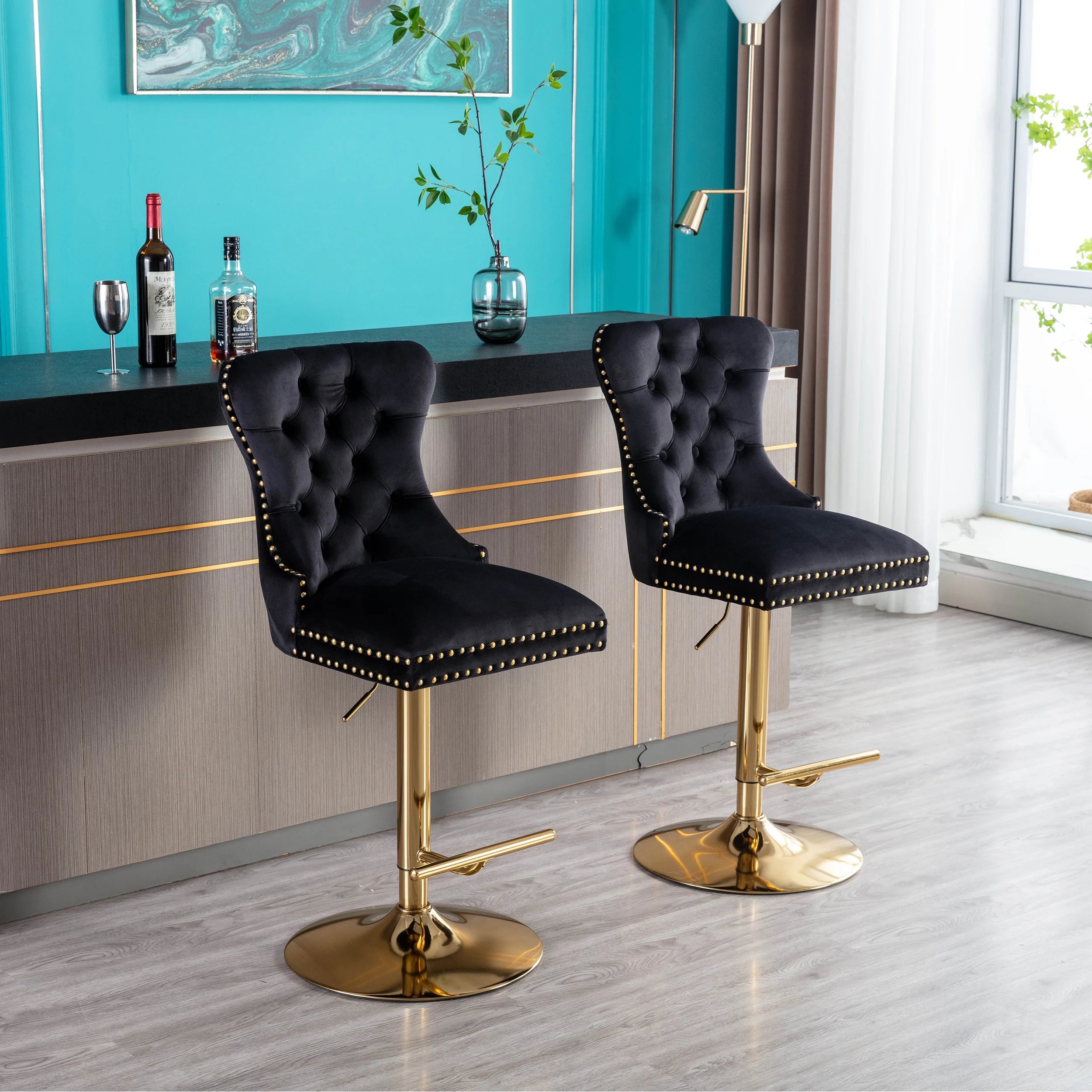 Black Velvet Swivel Bar Stools, Set of 2 M7884