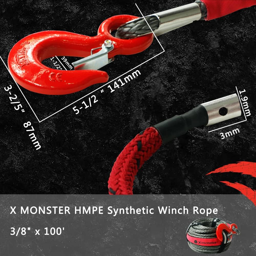 3/8" x 100' 19,000 lbs Synthetic Winch Rope Kit with Hook and Sleeve Protection F175
