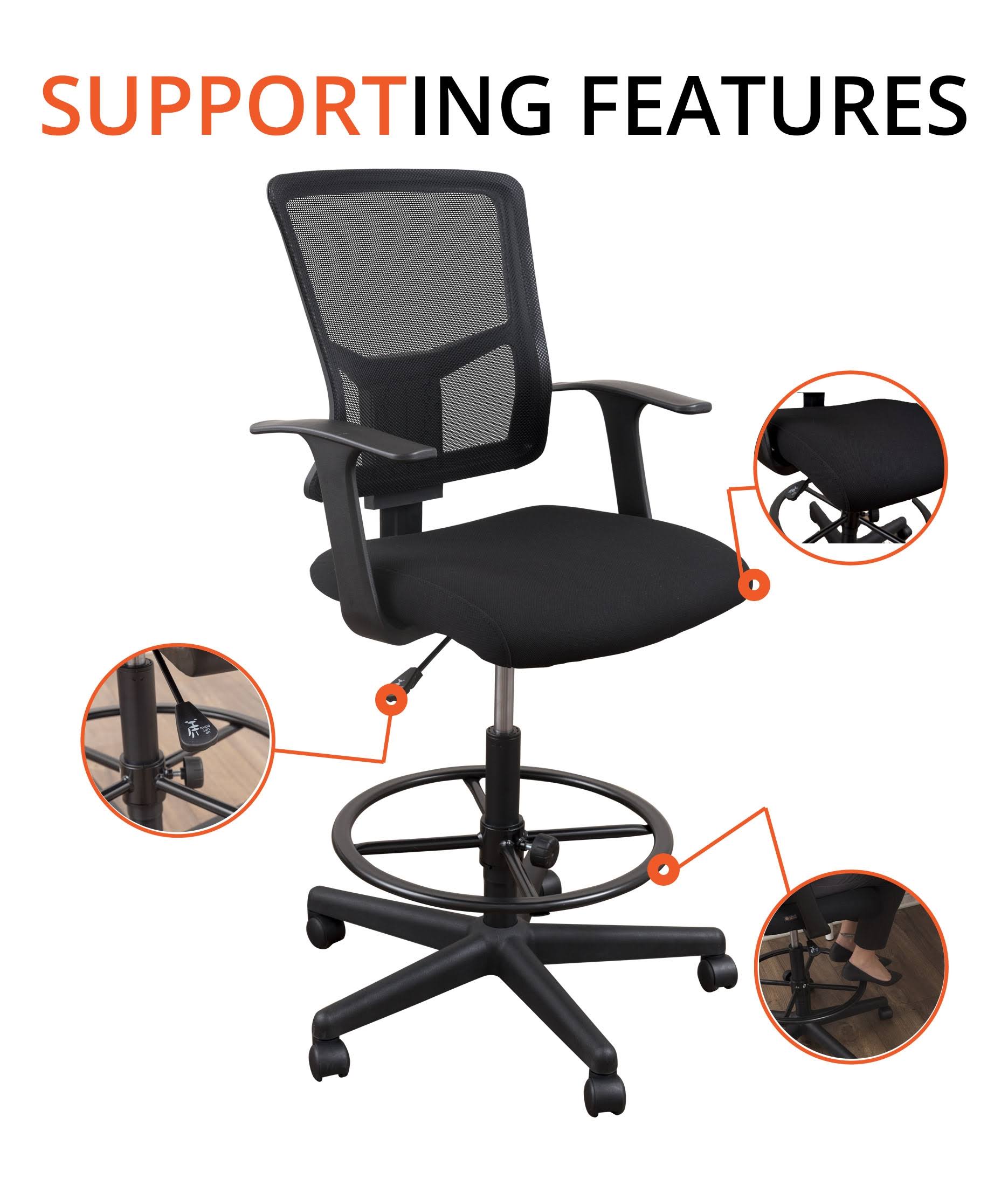 Black Sit to Stand Drafting Stool Chair with Adjustable Footrest and Armrests Q334890