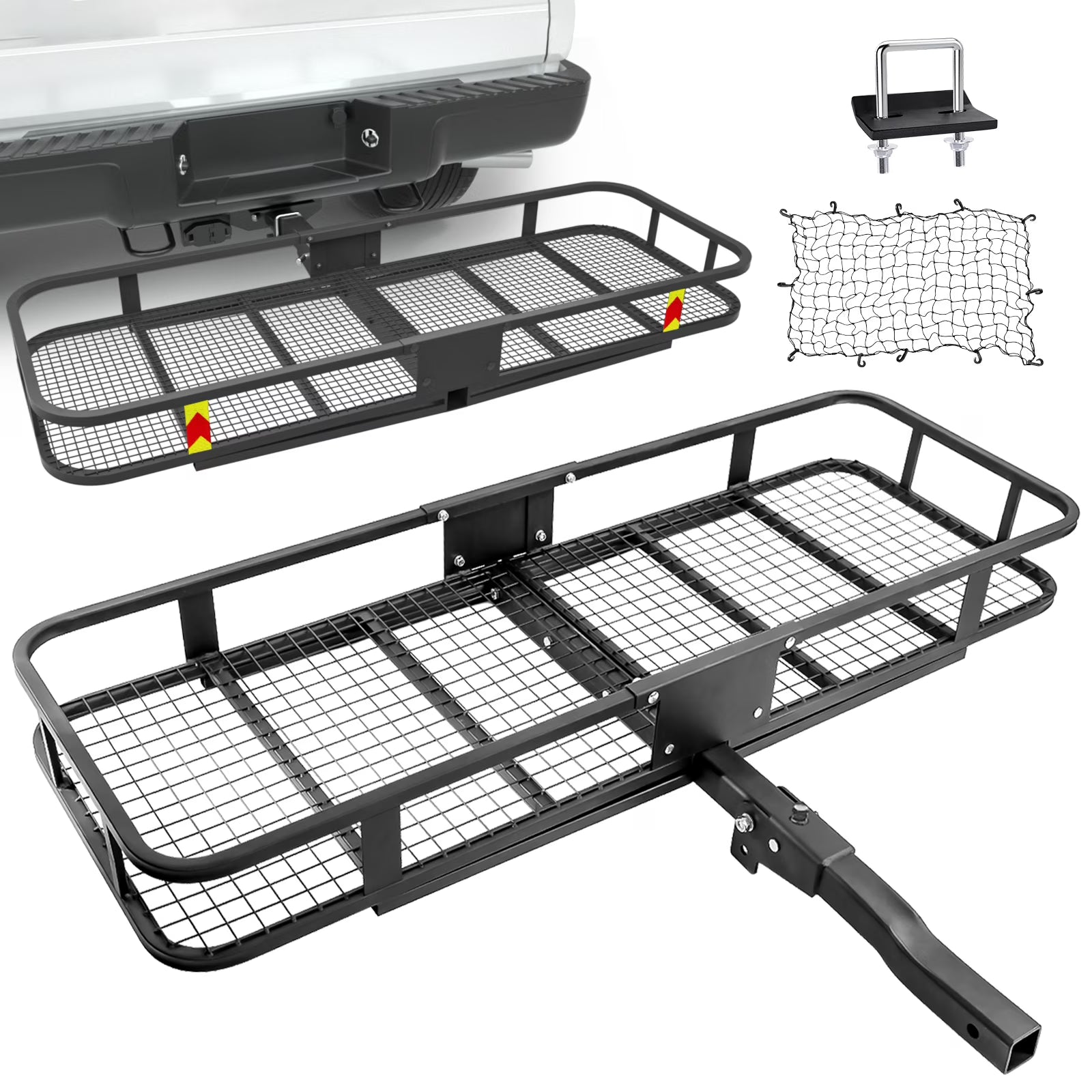 Hitch Mount Folding Cargo Basket with Cargo Net and Anti-rattle Stabilizer, 500 LB Capacity, Fits 2" Receiver E13659