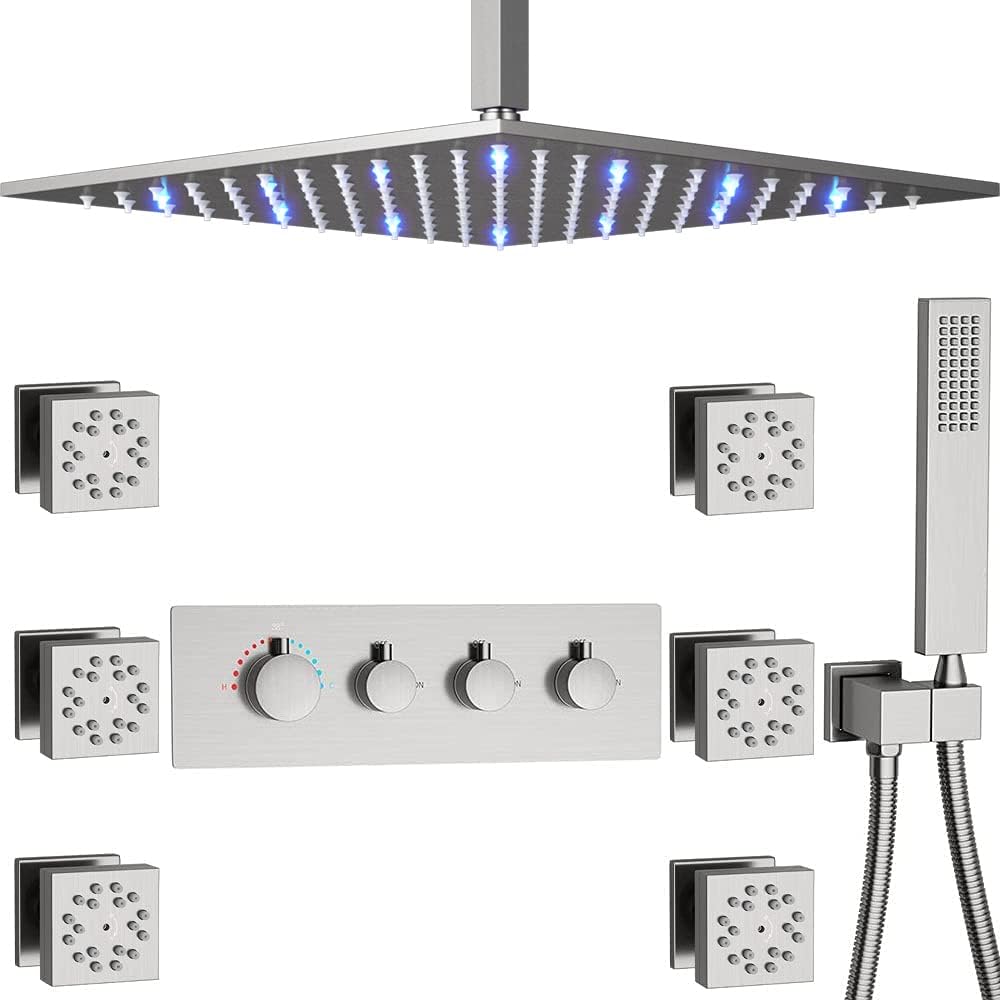 16 Inch LED Polished Chrome Ceiling Mounted Brass Shower System with Body Jets U49470