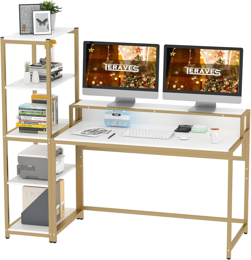 47 Inch Reversible Computer Desk with 5 Tier Shelves and Storage U52948