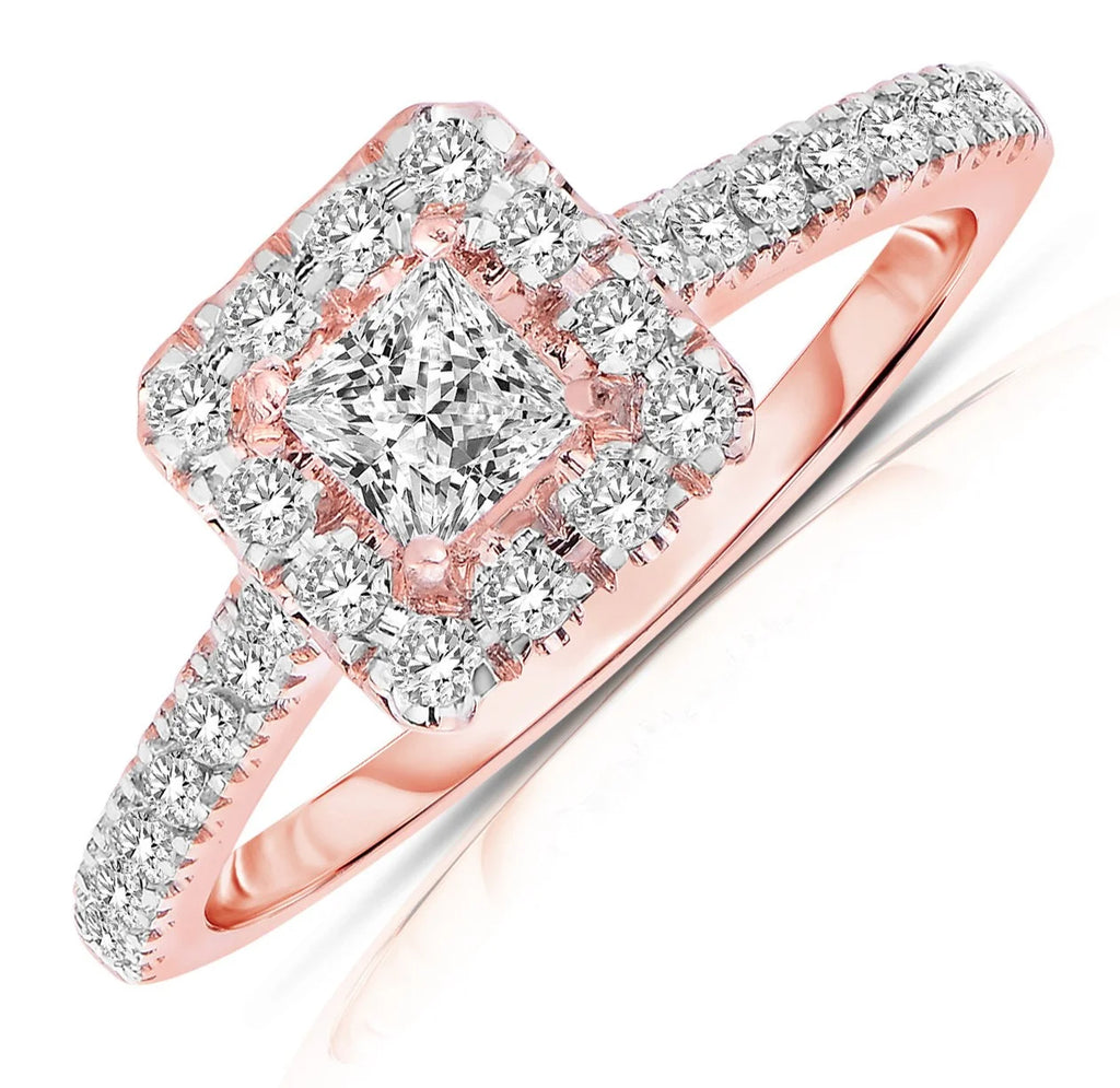 Rose Gold Princess Cut Halo Diamond Engagement Ring Z238