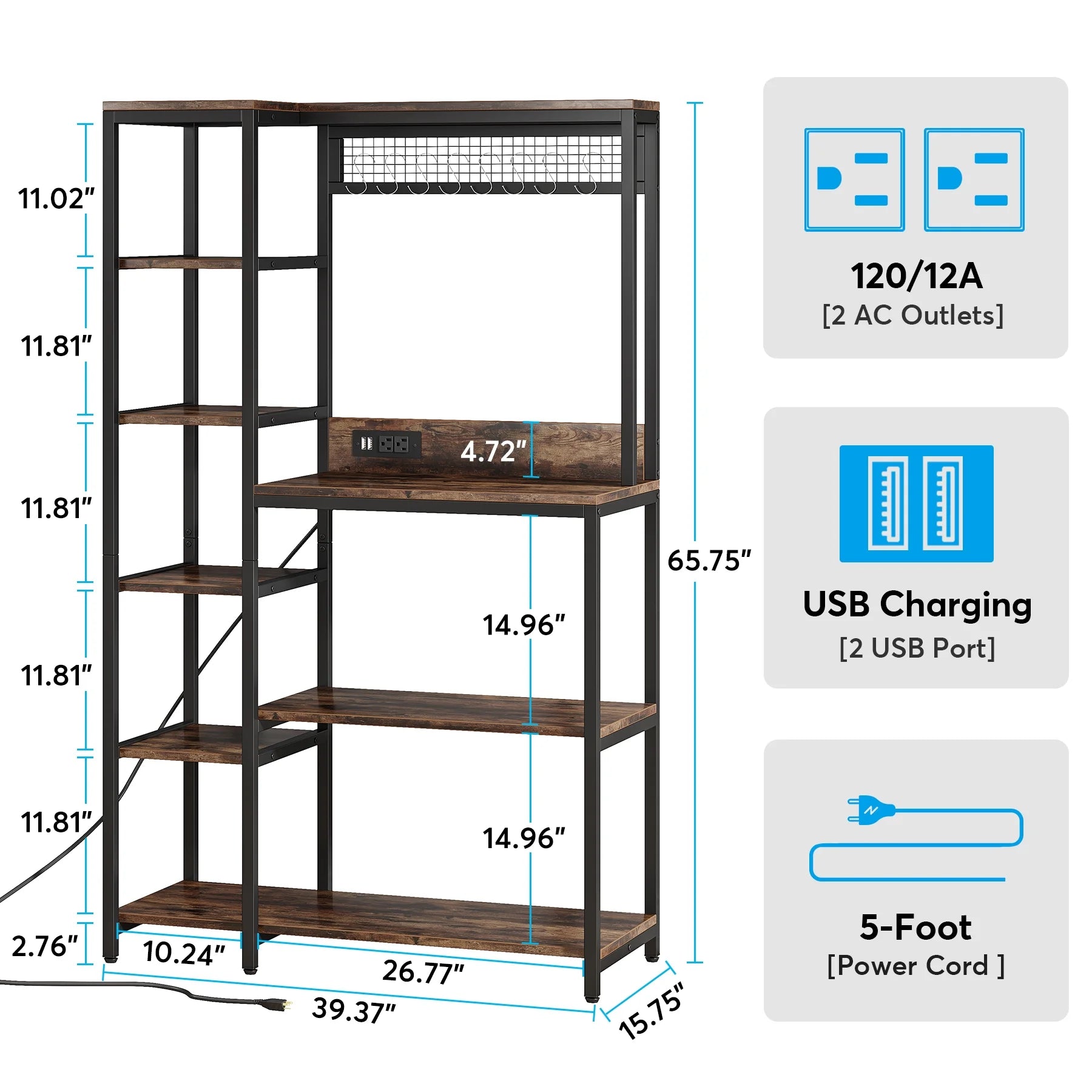 8-Tier Kitchen Baker's Rack with Power Outlets, Microwave Oven Stand with 8 S-Shaped Hooks L2645