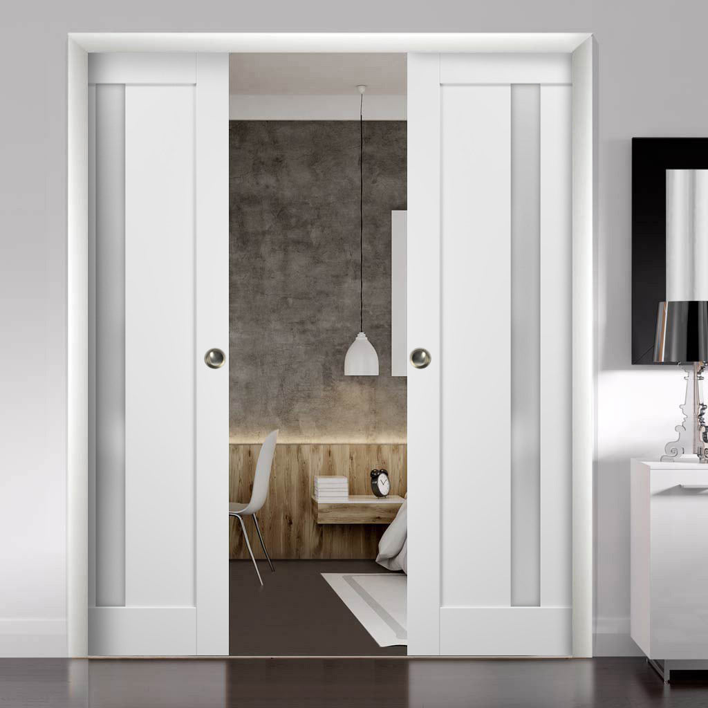 White Silk Frosted Glass Solid Wood Double Pocket Doors with Frames P4643