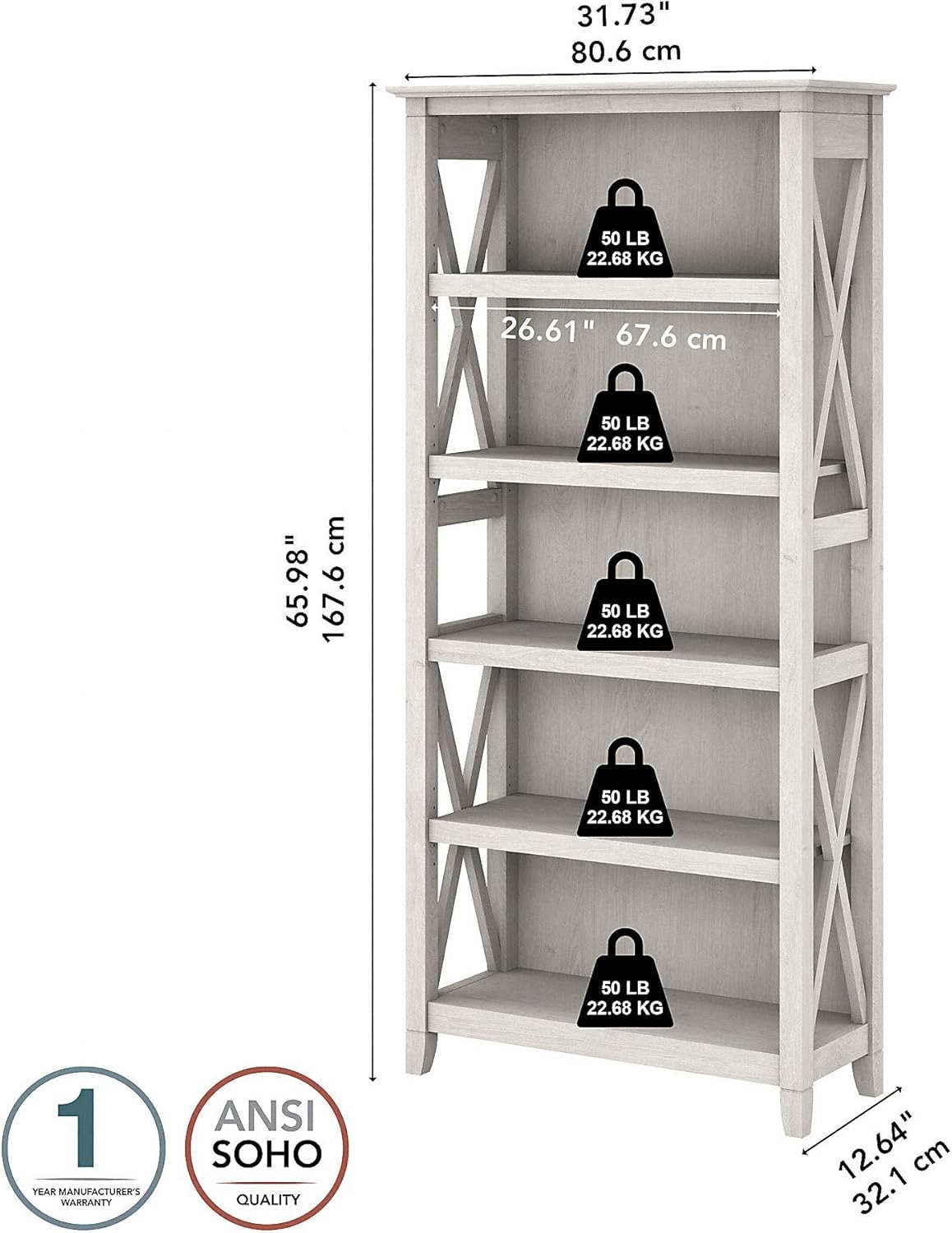 Linen White Oak 5 Shelf Bookcase Q762309