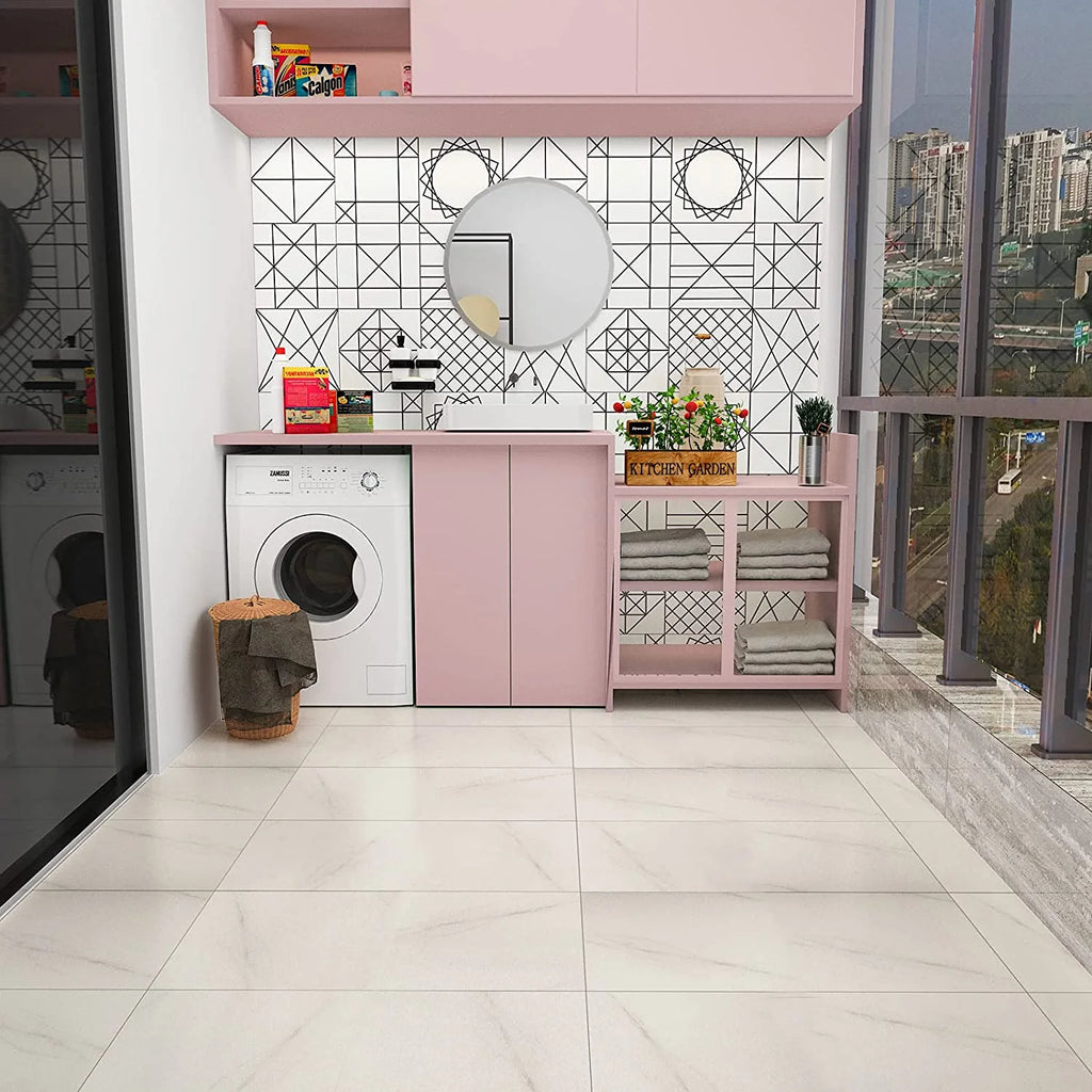 24Pcs White Peel and Stick Vinyl Floor Tiles 12"x24" Marble D7772