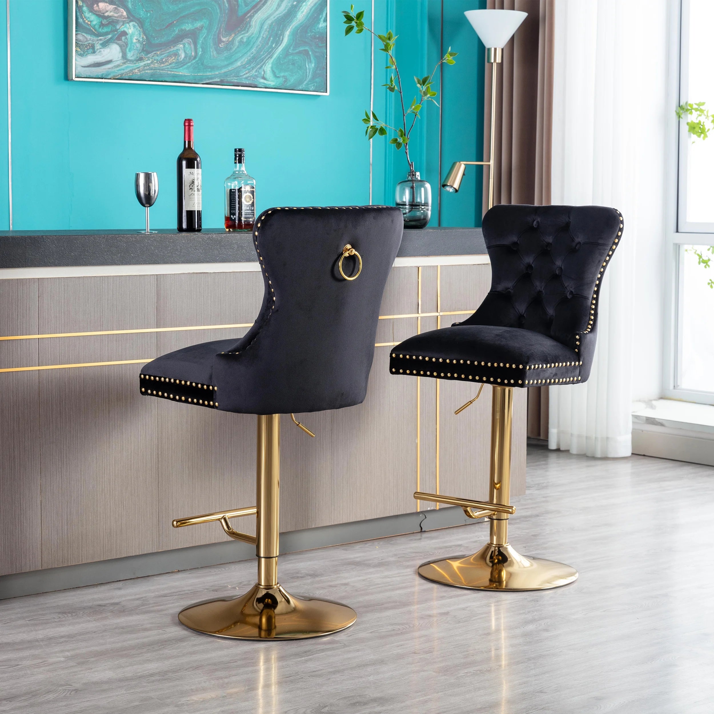 Black Velvet Swivel Bar Stools, Set of 2 M7884