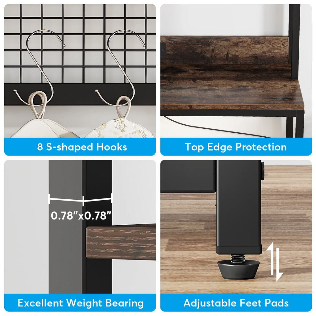 8-Tier Kitchen Baker's Rack with Power Outlets, Microwave Oven Stand with 8 S-Shaped Hooks L2645