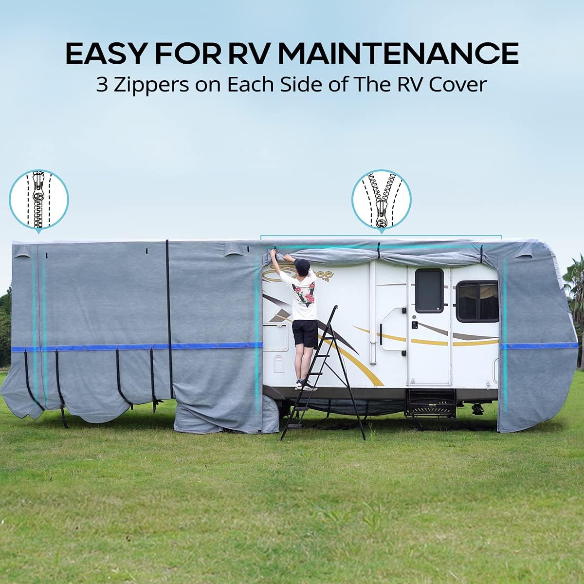 RV Cover, Extra-Thick 6-ply, Fits 29-32Ft Motorhome, Breathable Waterproof Rip-Stop Anti-UV with 2 Windproof Straps, 4 Tire Covers J864683
