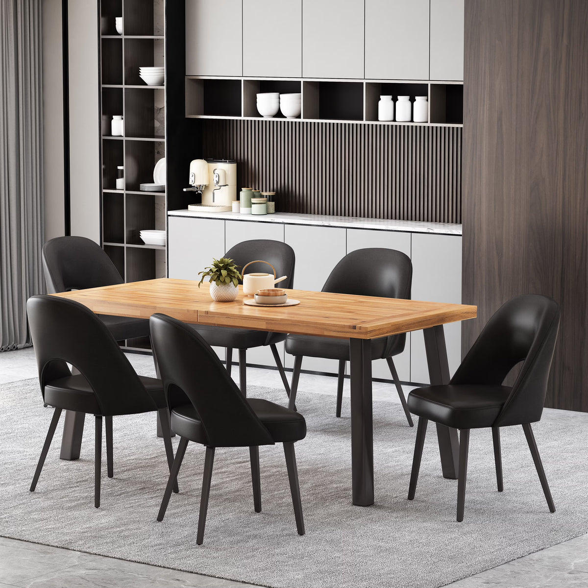 7 Piece Faux Leather Metal Wood Dining Set P410
