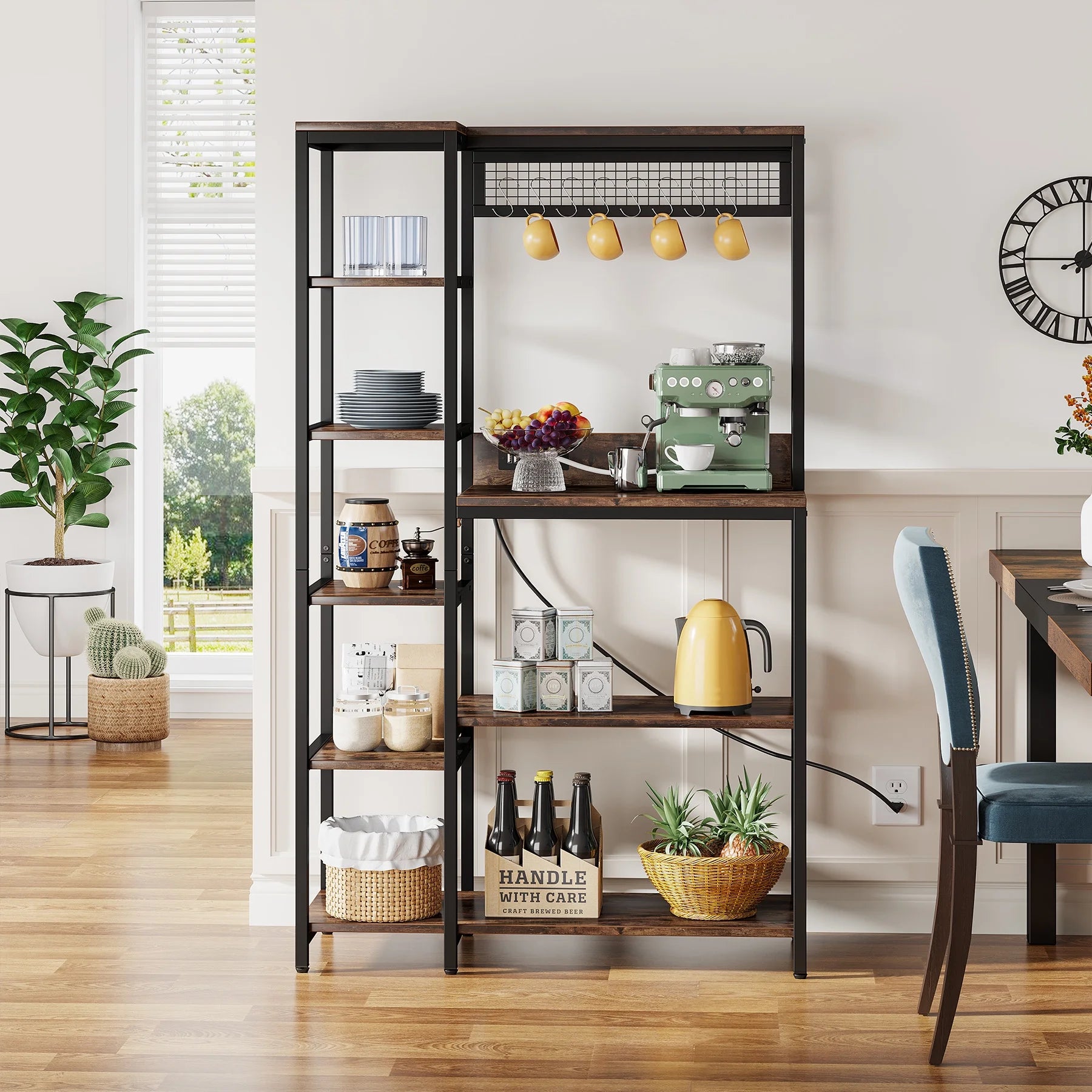 8-Tier Kitchen Baker's Rack with Power Outlets, Microwave Oven Stand with 8 S-Shaped Hooks L2645