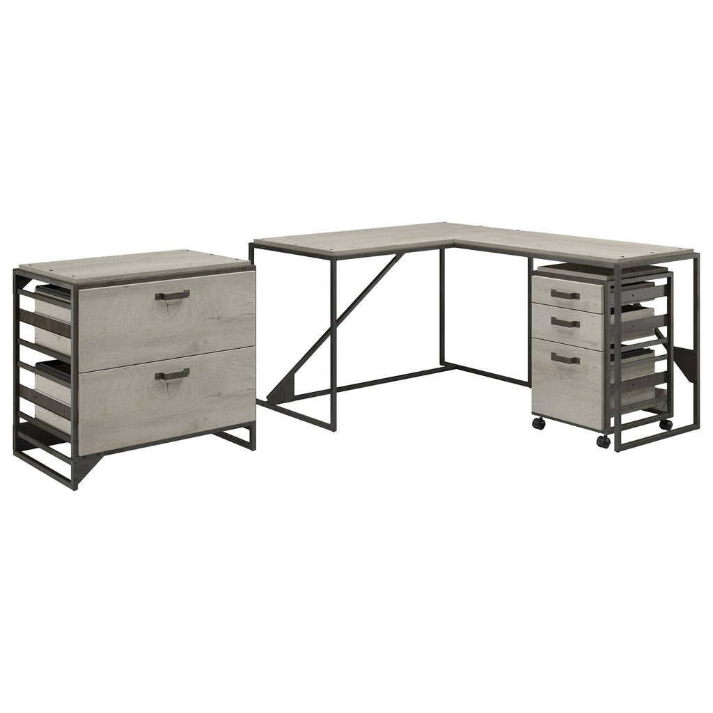 White L Shaped Industrial Desk with File Cabinets K363