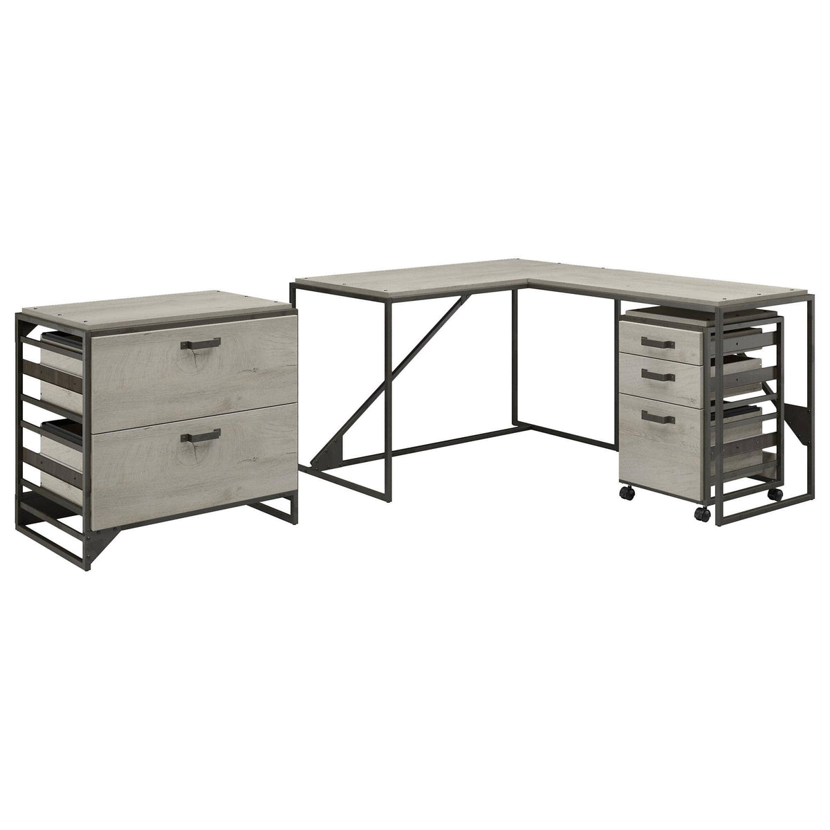 White L Shaped Industrial Desk with File Cabinets K363