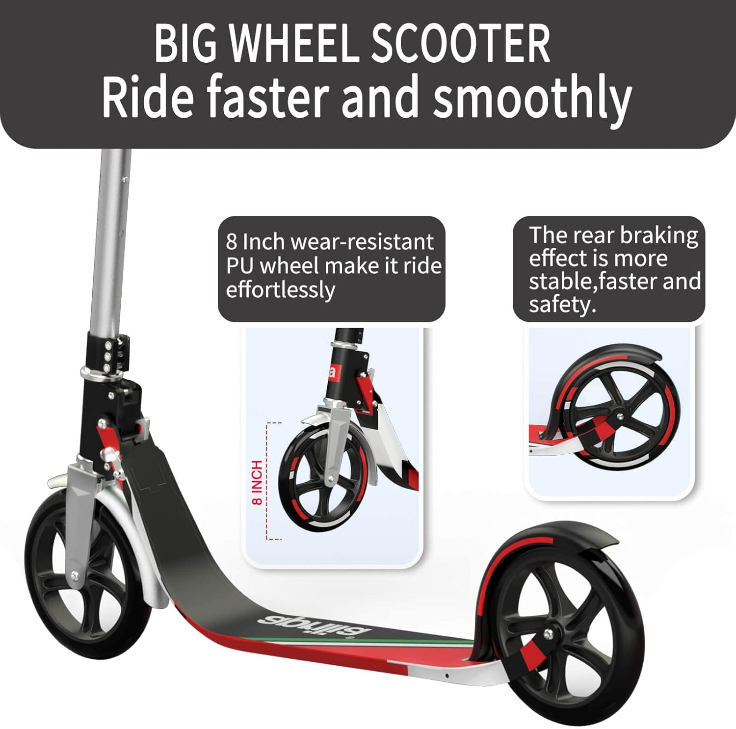 Foldable Kick Scooter with Big Wheel, 4 Level Height Adjustable L380591