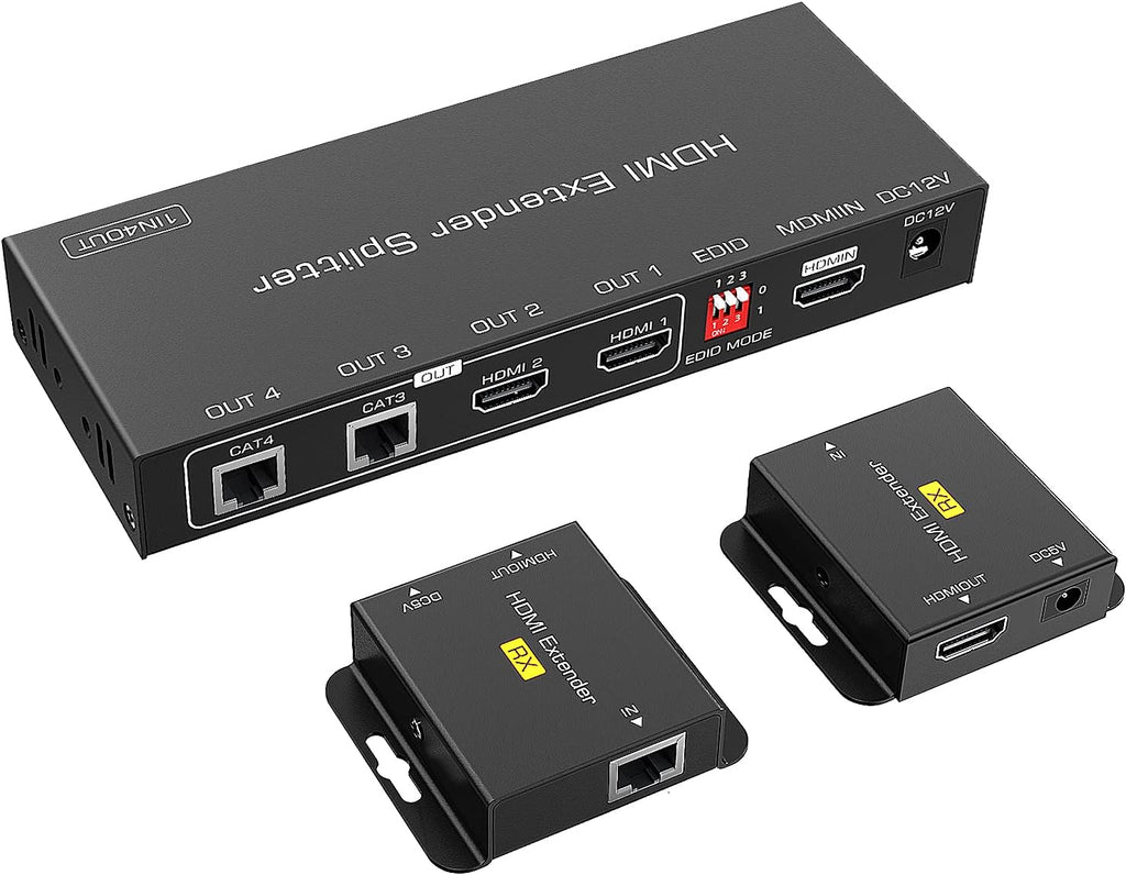 HDMI Extender Splitter 1x2 165ft/50m Over Cat5e/Cat6/7 with 2 Loop-Out Local Display Repeater Balun Ethernet Sender Transmitter Receiver Support 1080P@60HZ 3D EDID POC Pack of 2 J428