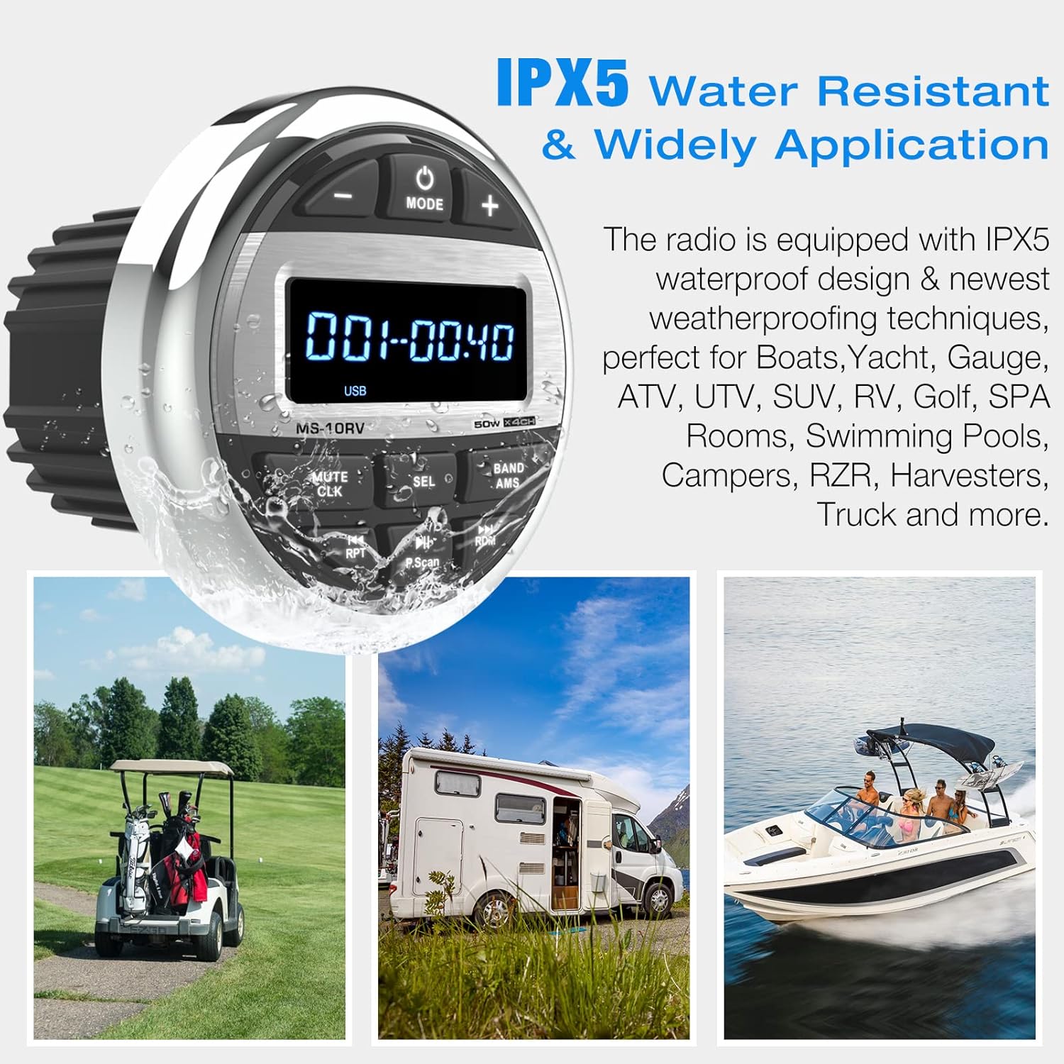 Waterproof Marine Grade Bluetooth Boat Stereo Receiver with FM AM Radio, USB, AUX-in, MP3, Subwoofer, Pre-Amp & EQ P274