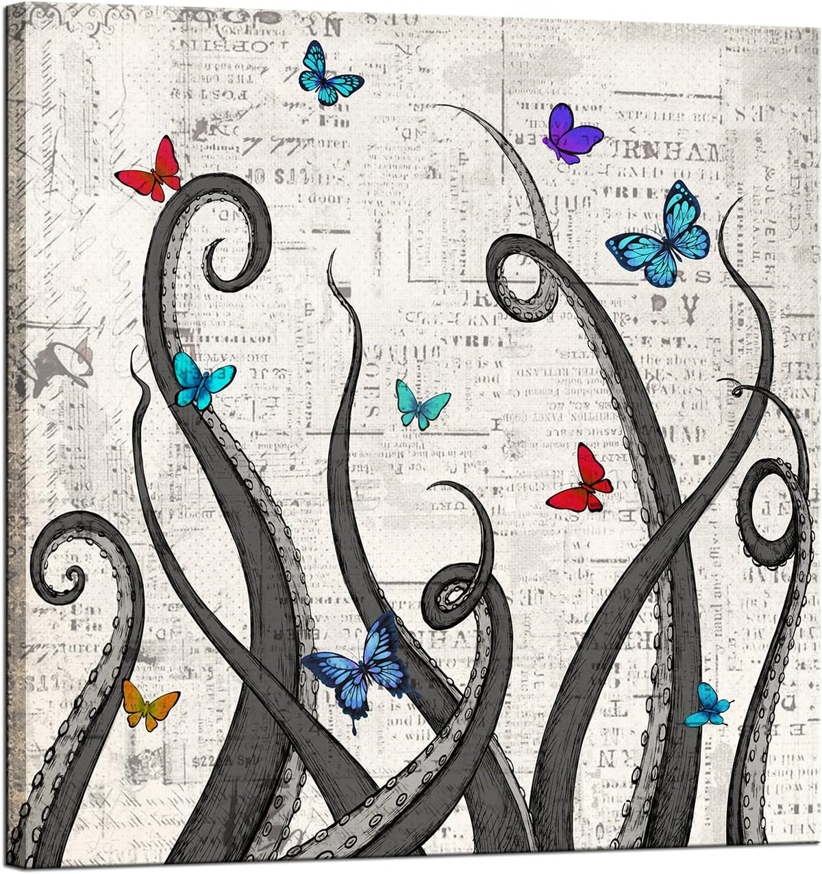Vintage Canvas Wall Art Octopus with Butterflies Framed 24x24 E840390