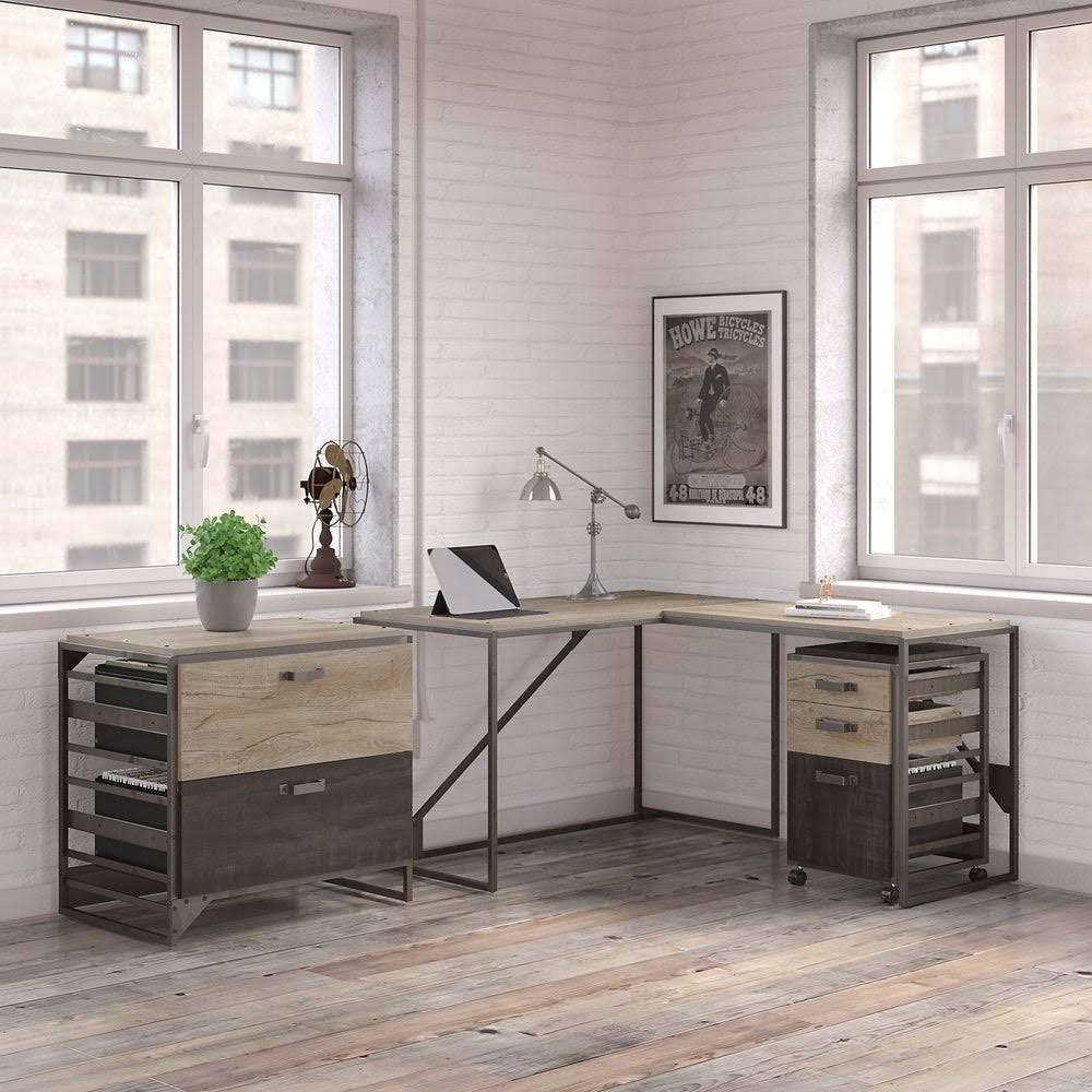 White L Shaped Industrial Desk with File Cabinets K363