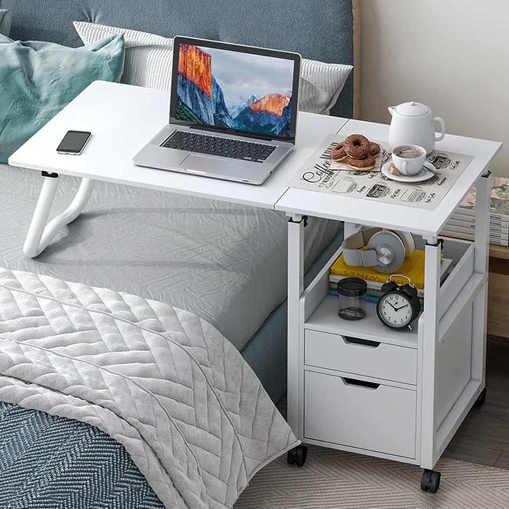 2 in 1 Overbed Table with Wheels, Foldable Bedside Table with Drawer, Height Adjustable Mobile Computer Desk R5024