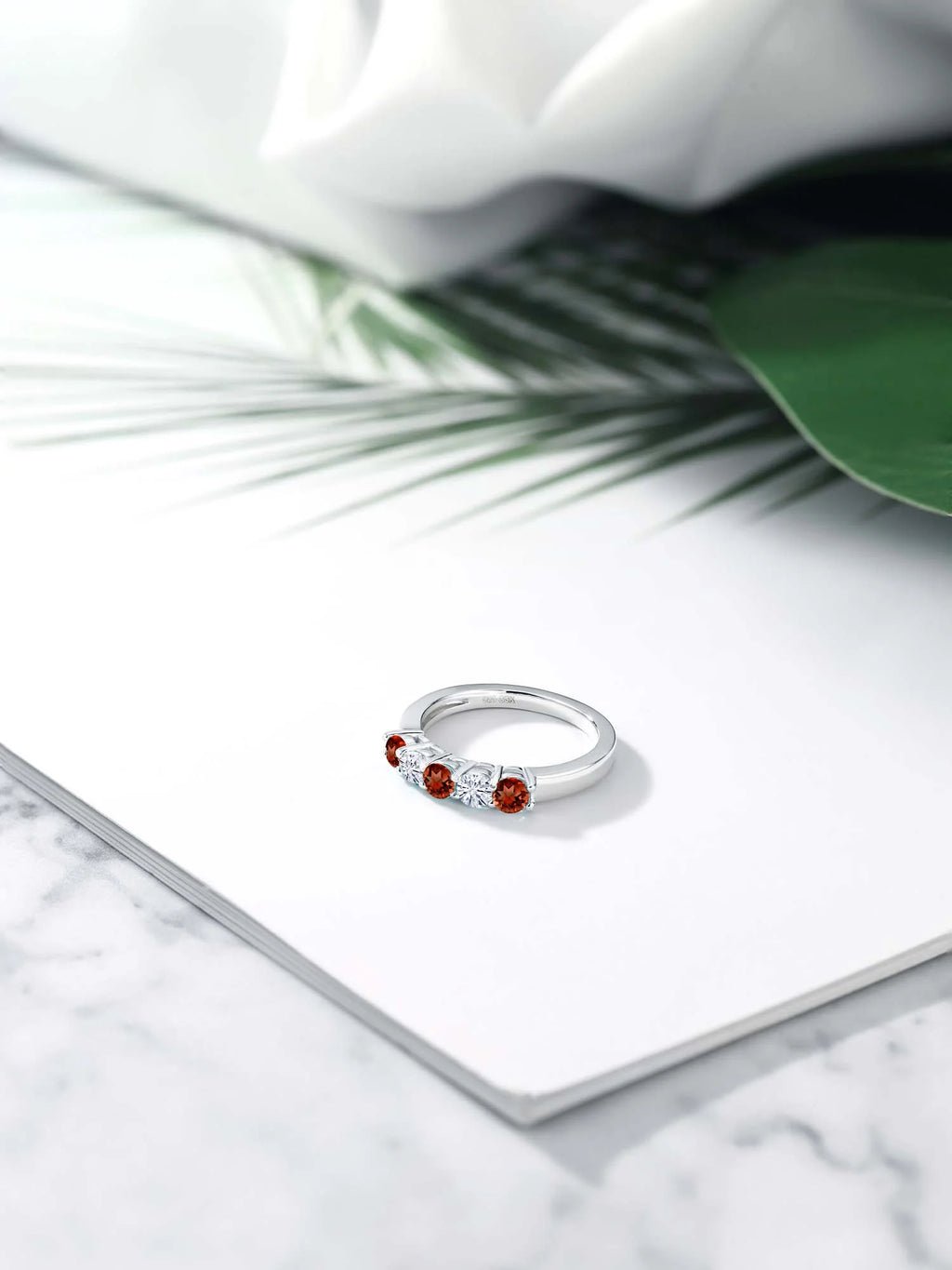 925 Sterling Silver Red Garnet and White Moissanite Wedding Band Ring G50199
